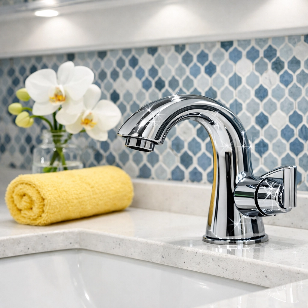 Spotless bathroom vanity and polished faucet showing results from a detailed spring cleaning checklist.