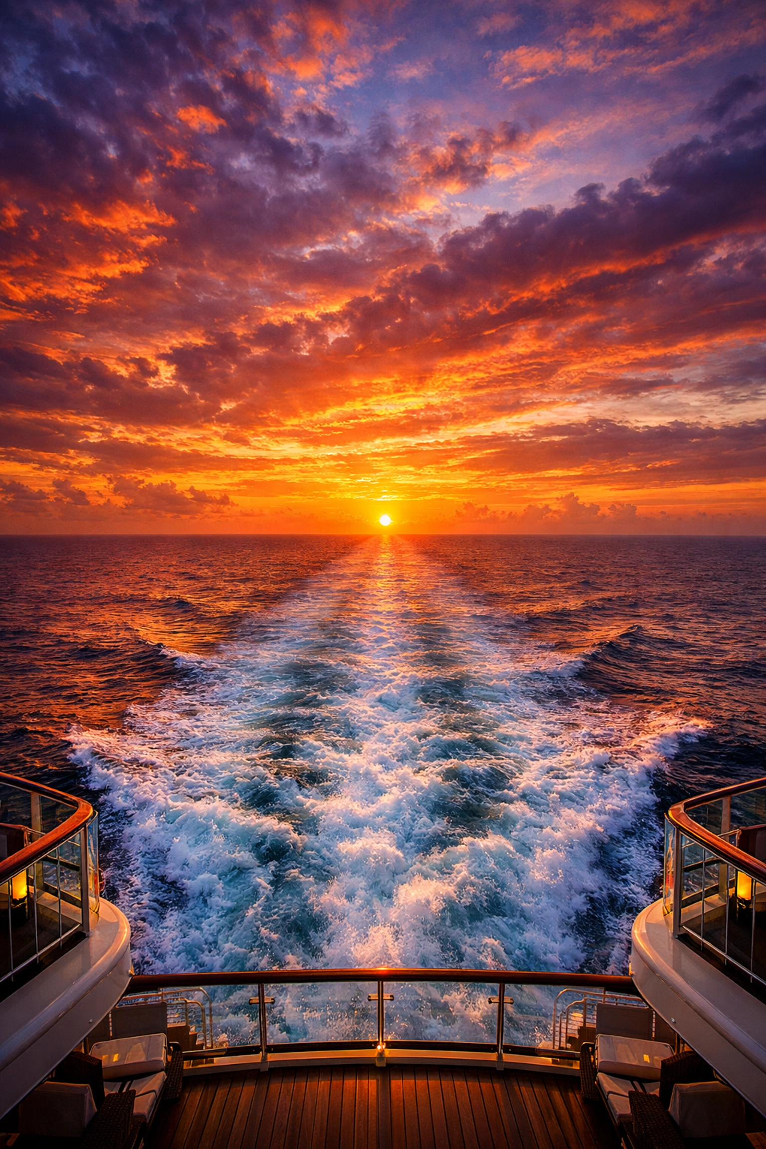 The white-water wake of a luxury cruise ship sailing into a vibrant orange and gold sunset at sea.