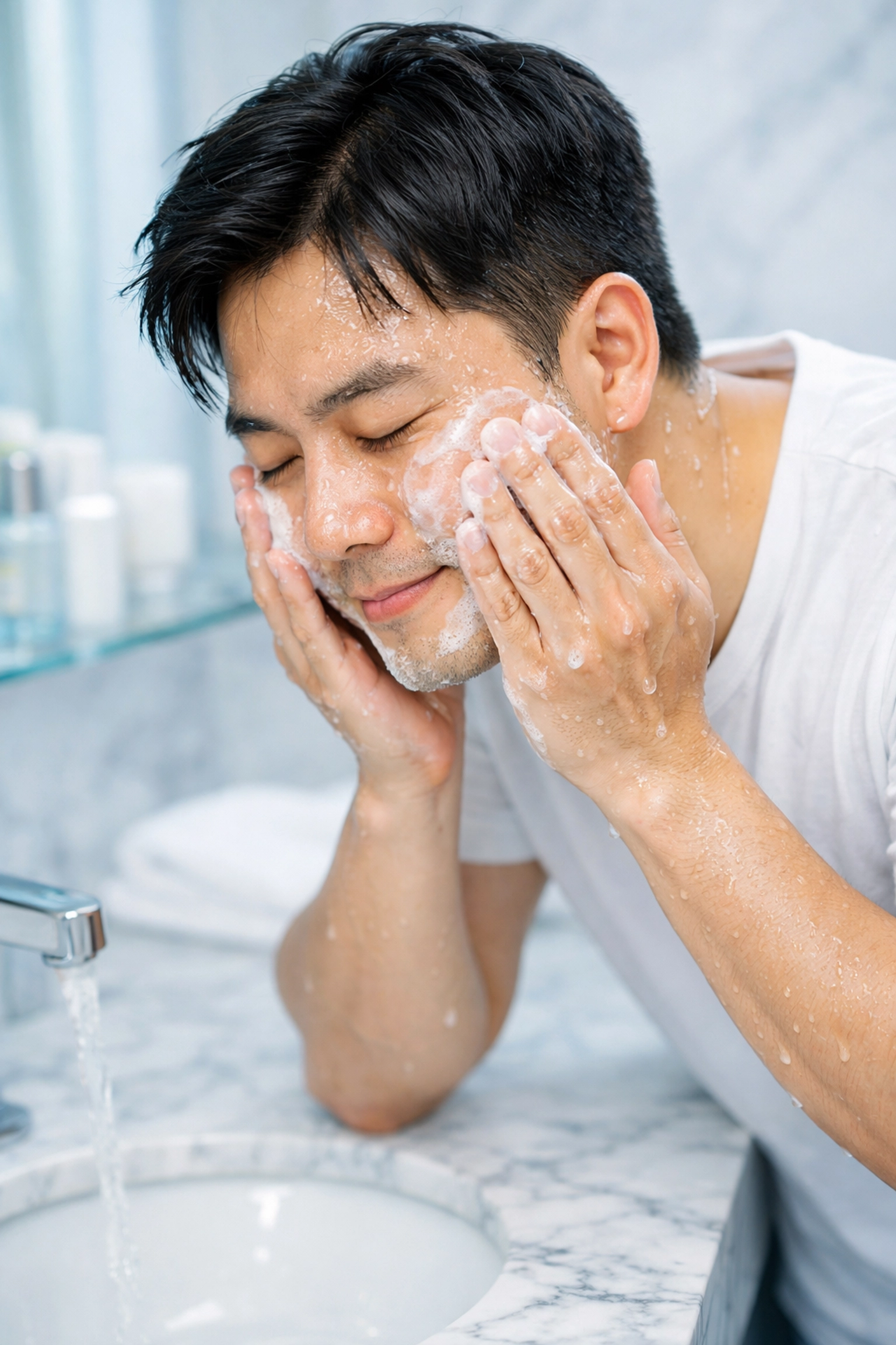 Man washing face with gentle cleanser at sink during morning routine