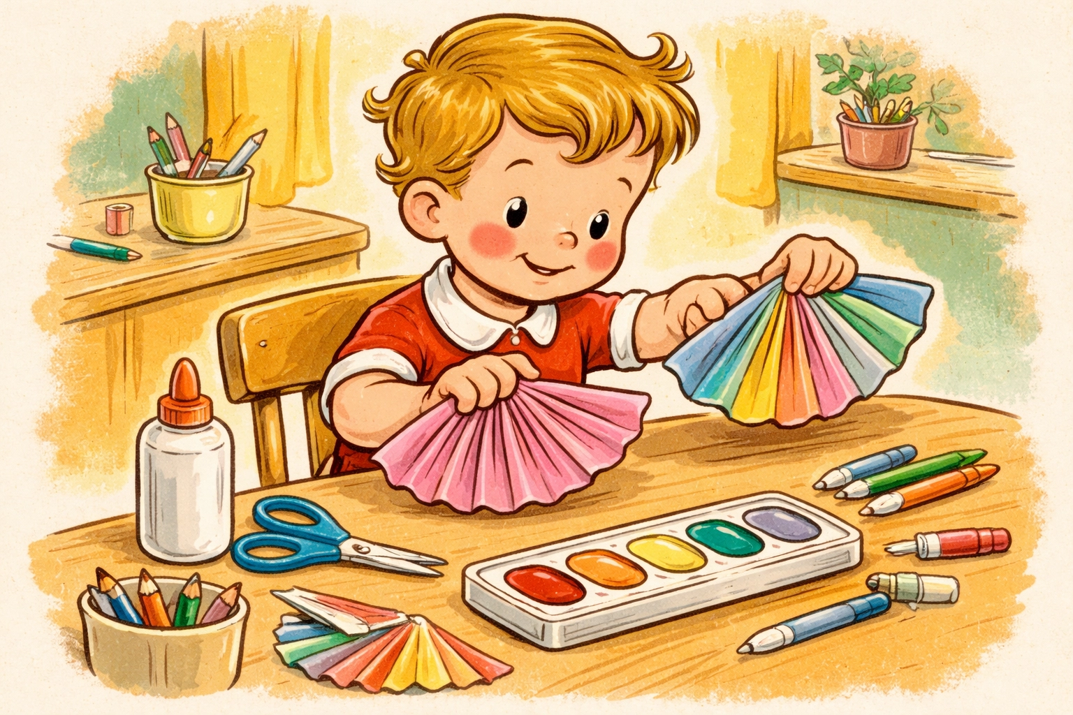 Young child folding colorful coffee filters for DIY butterfly wings at a craft table