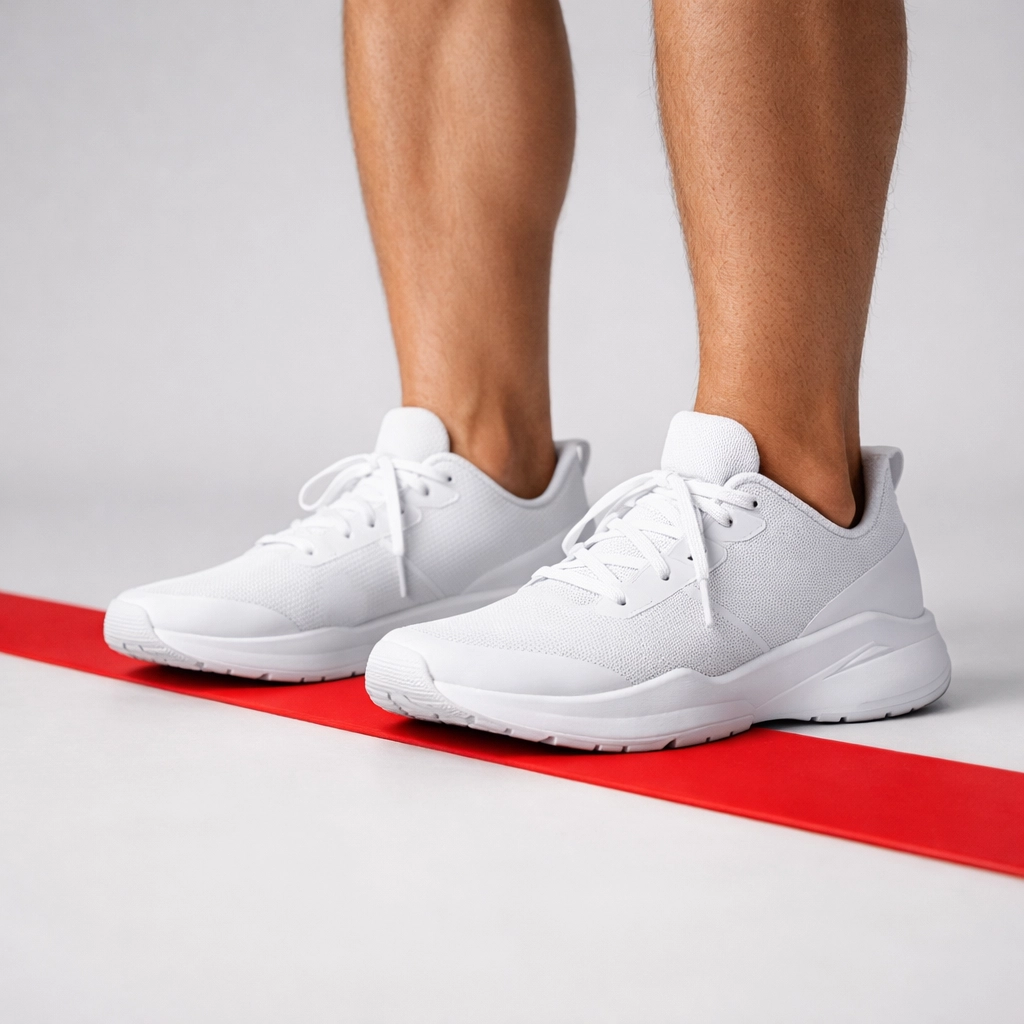 Athlete's feet on a red resistance band showing the setup for a heavy banded deadlift.