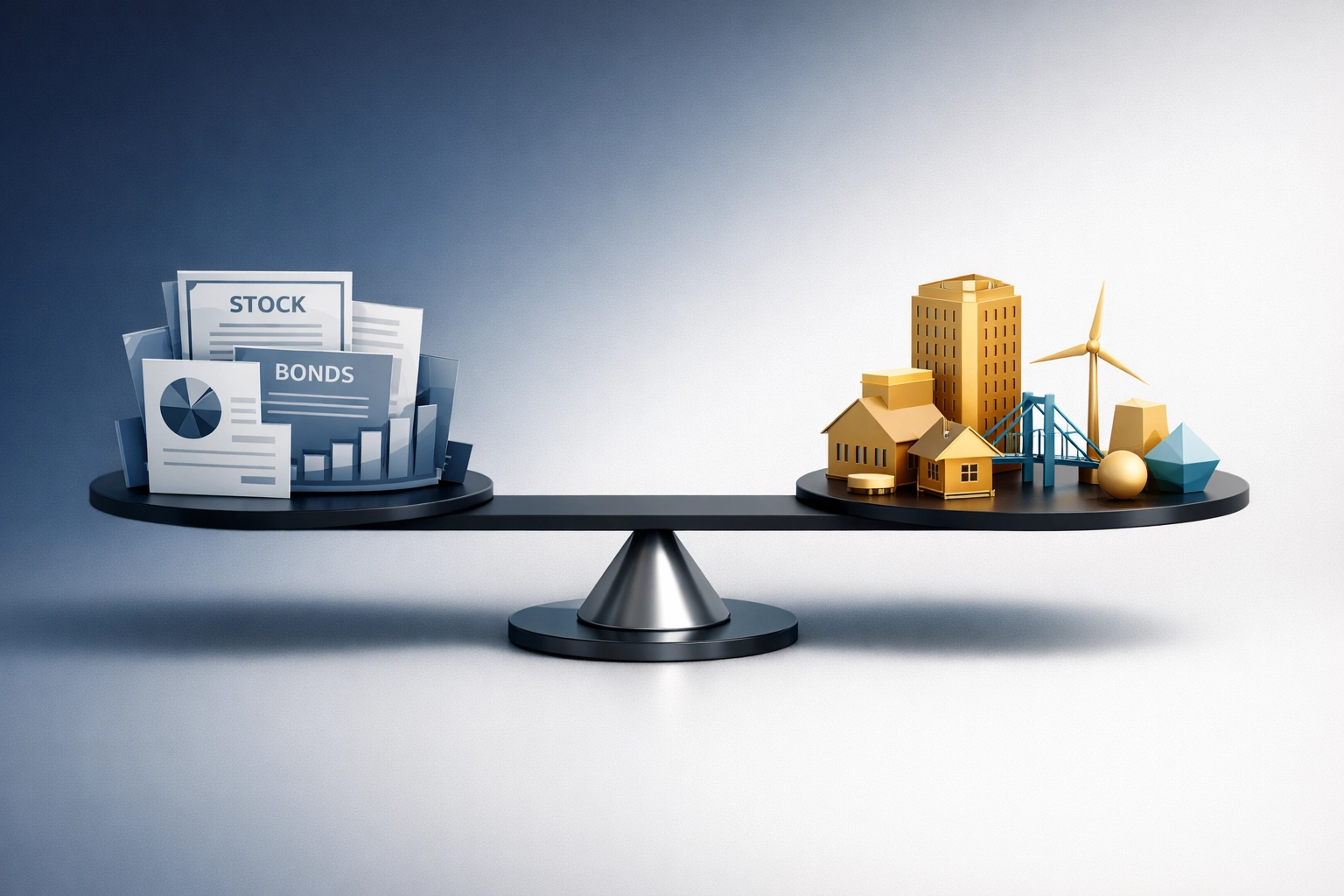 Balanced portfolio scale comparing traditional assets with alternative investments
