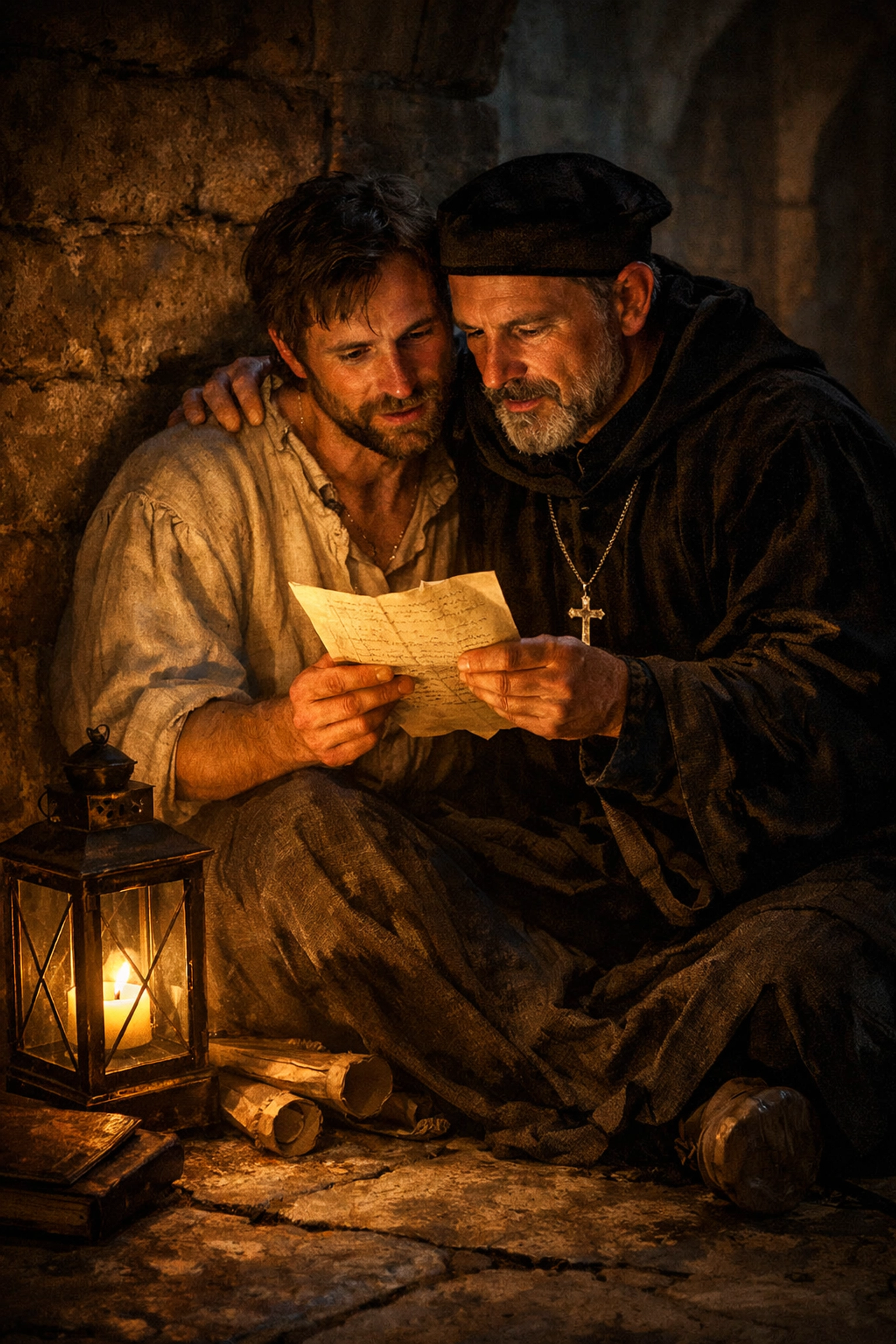 Two men in Renaissance clothing reading a secret letter by lantern light in a quiet stone corridor.