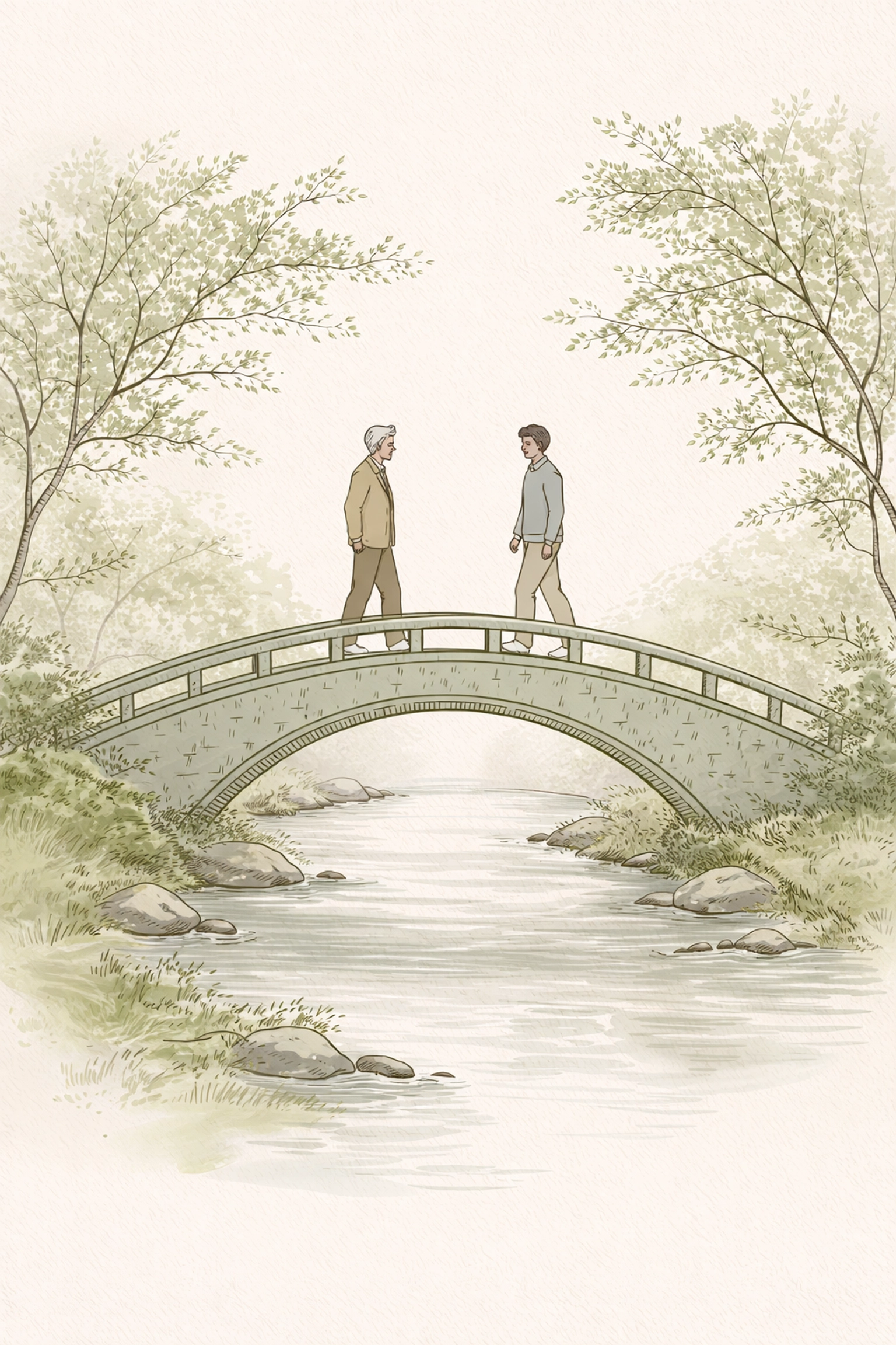 Father and son meeting on a bridge symbolizing patience in the LGBTQ+ family acceptance journey