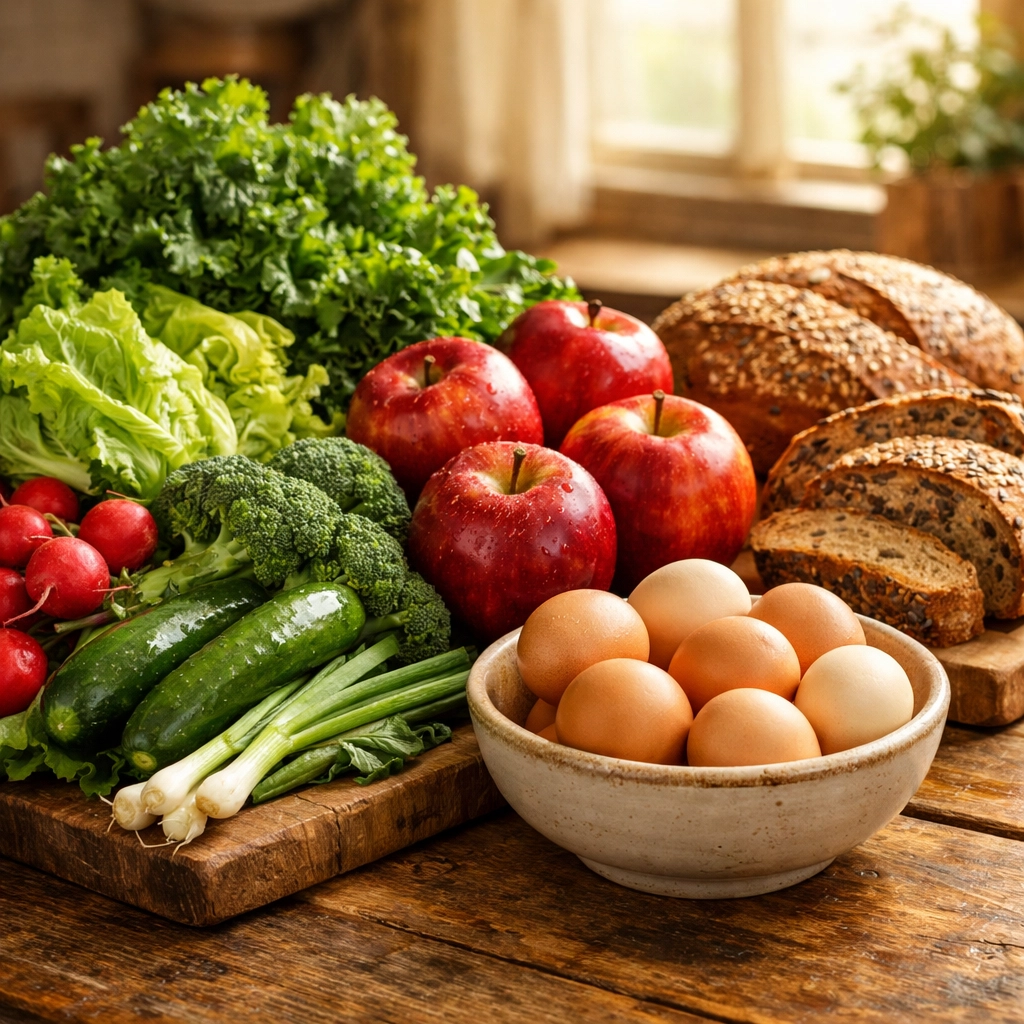 Fresh produce and bread symbolizing emergency food assistance in New Jersey for resilient families.