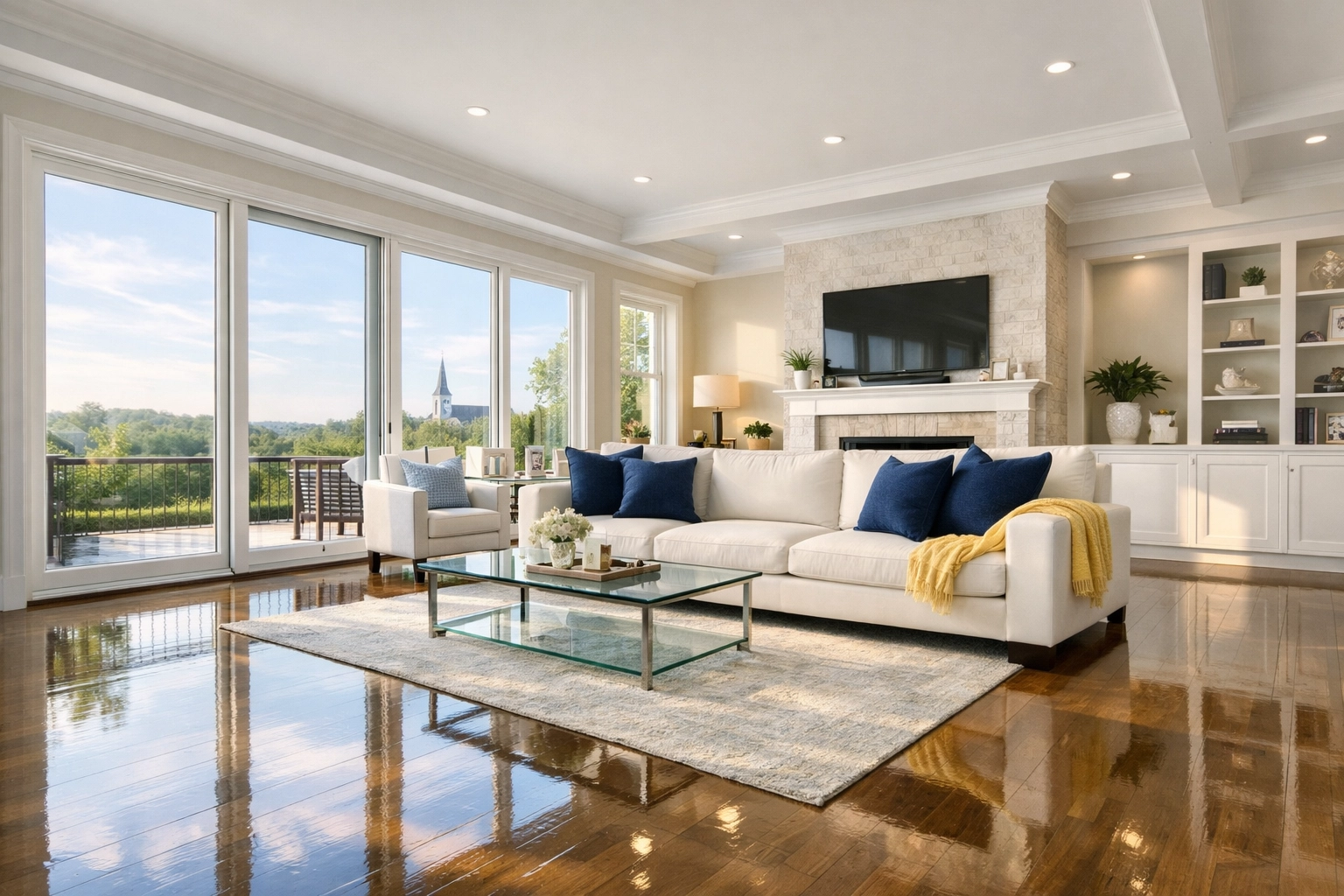 A spotless modern Foxborough living room with polished hardwood floors after a weekly house cleaning reset.