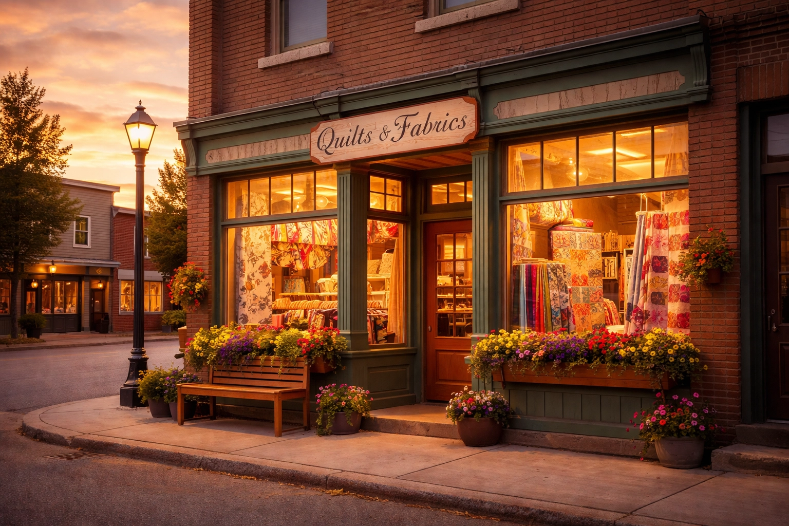 Charming Missouri storefront at sunset with quilts in display windows, showcasing small-town warmth and community values.