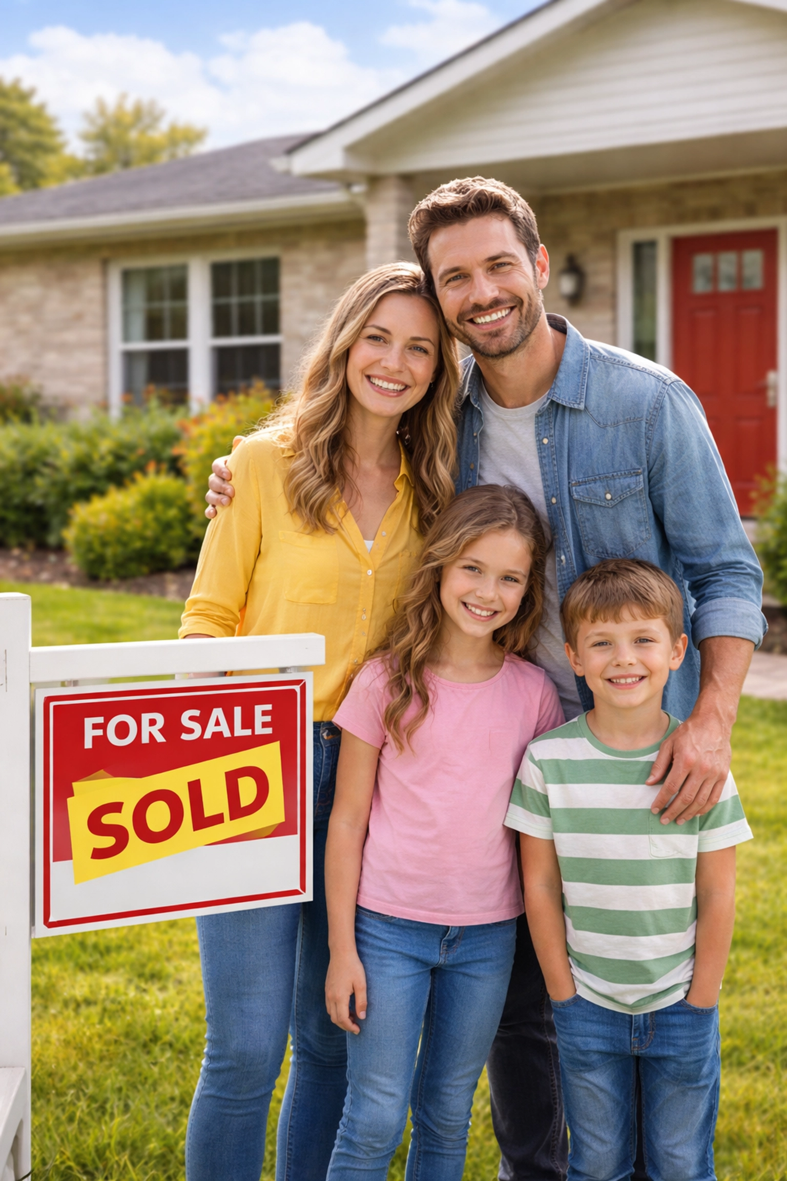Happy family in front of a modern Mulberry GA home with SOLD sign, celebrating stress-free real estate planning