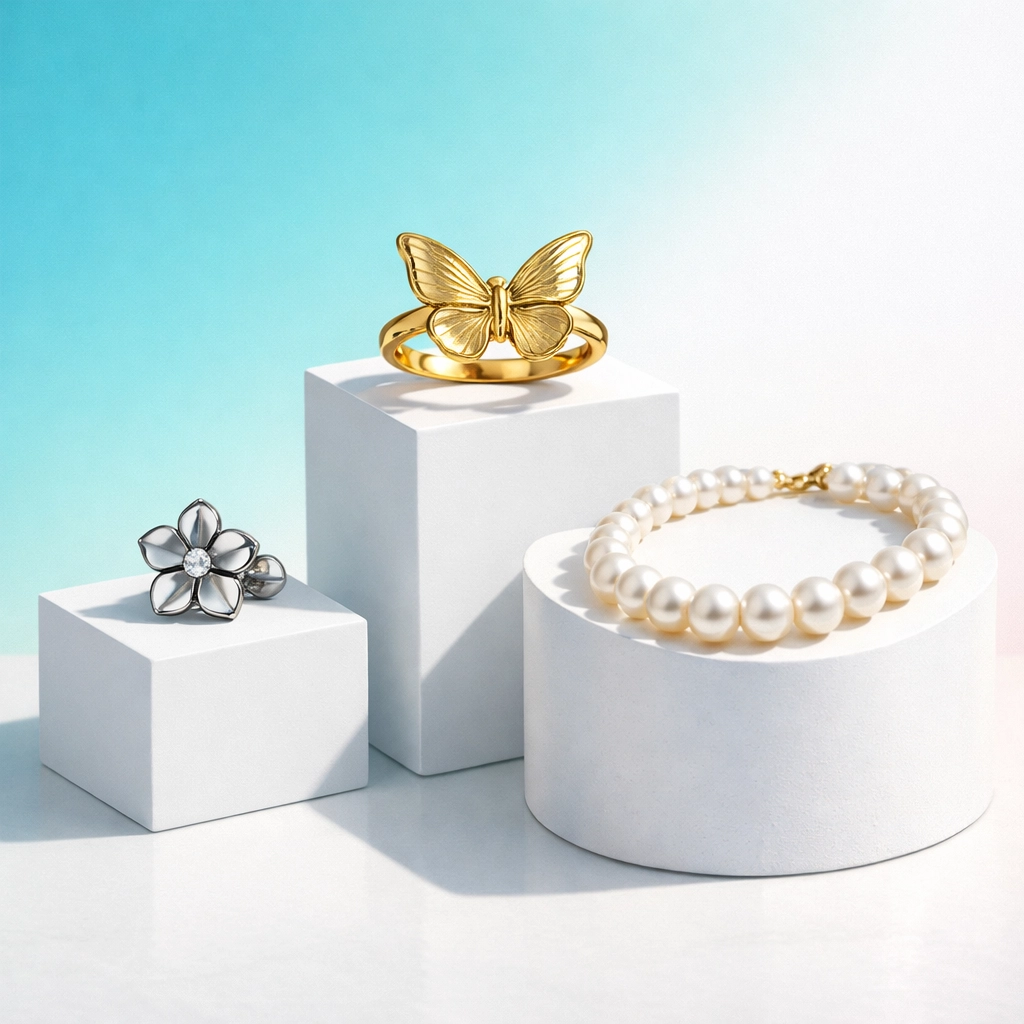 Curated selection of gold-plated rings and pearl necklaces on modern display pedestals.