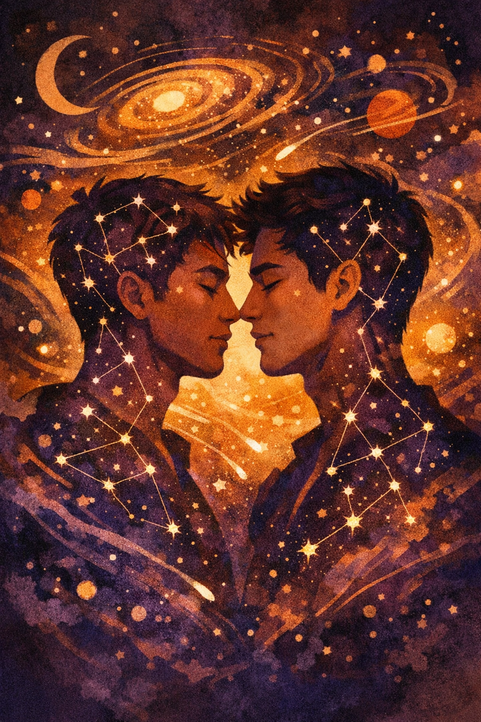 Two Mexican-American men surrounded by stars representing gay romance journey and self-discovery