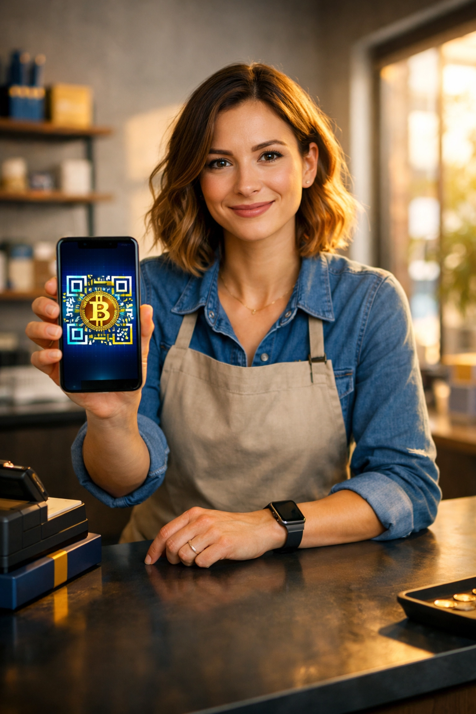 Small business owner accepting crypto payment via QR code on smartphone at retail counter
