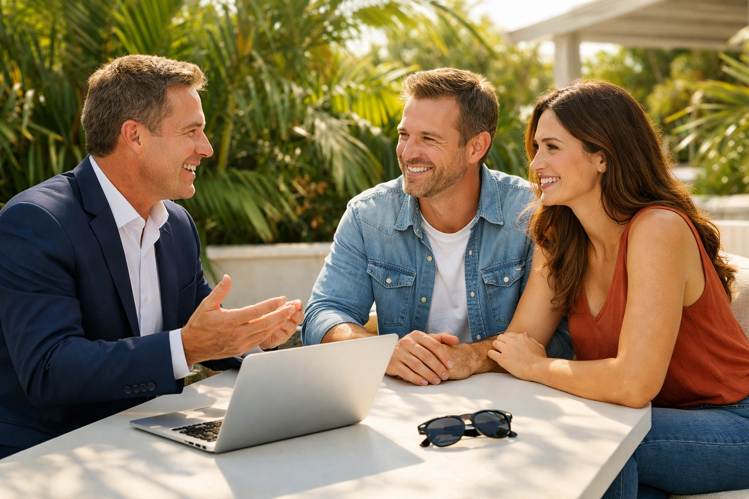 Realtors in Cape Coral discussing property options with a couple on a tropical outdoor patio.