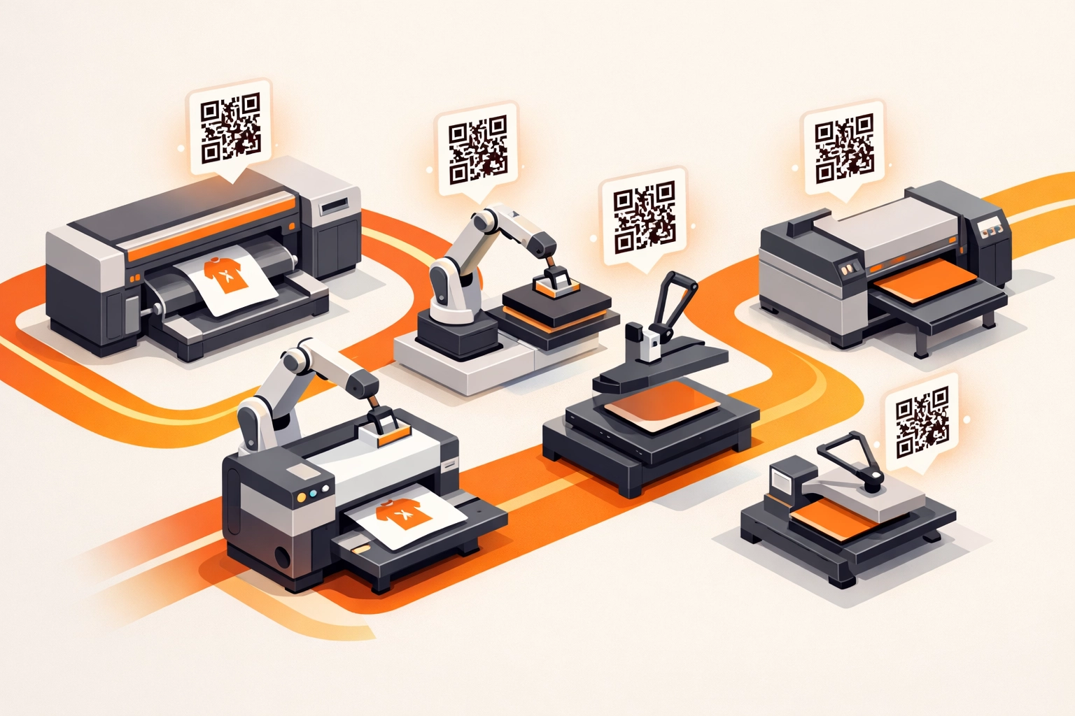 Automated print production floor with DTF machines and robotic workflow systems