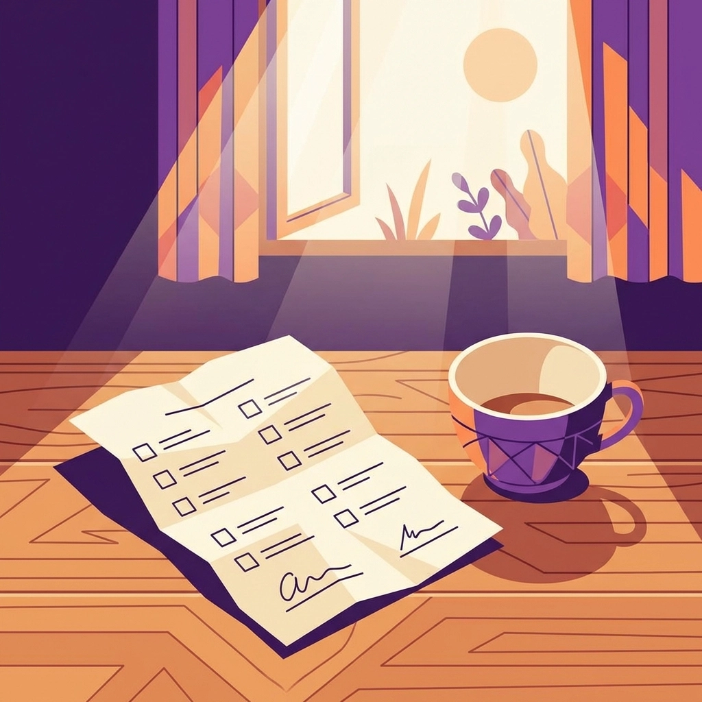 Flat illustration of a crumpled to-do list and coffee cup on a desk, symbolizing unfinished tasks and self-forgiveness.
