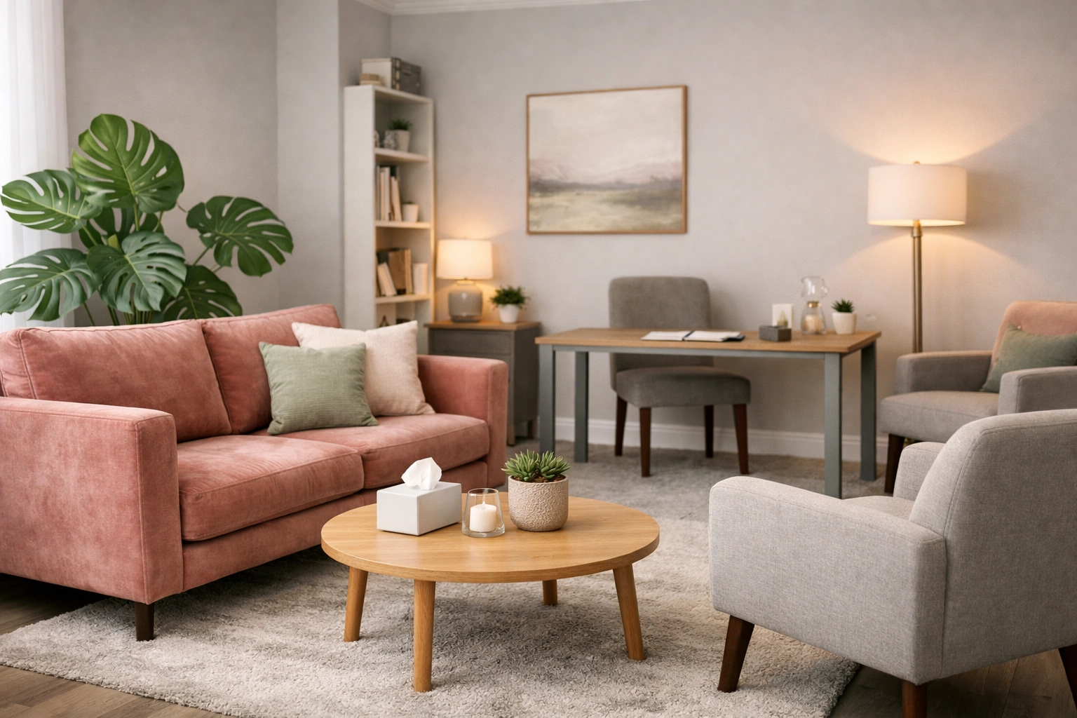 A modern, welcoming LGBTQ+ affirming therapy office space at Talk to Heal Counseling Center in Georgia.