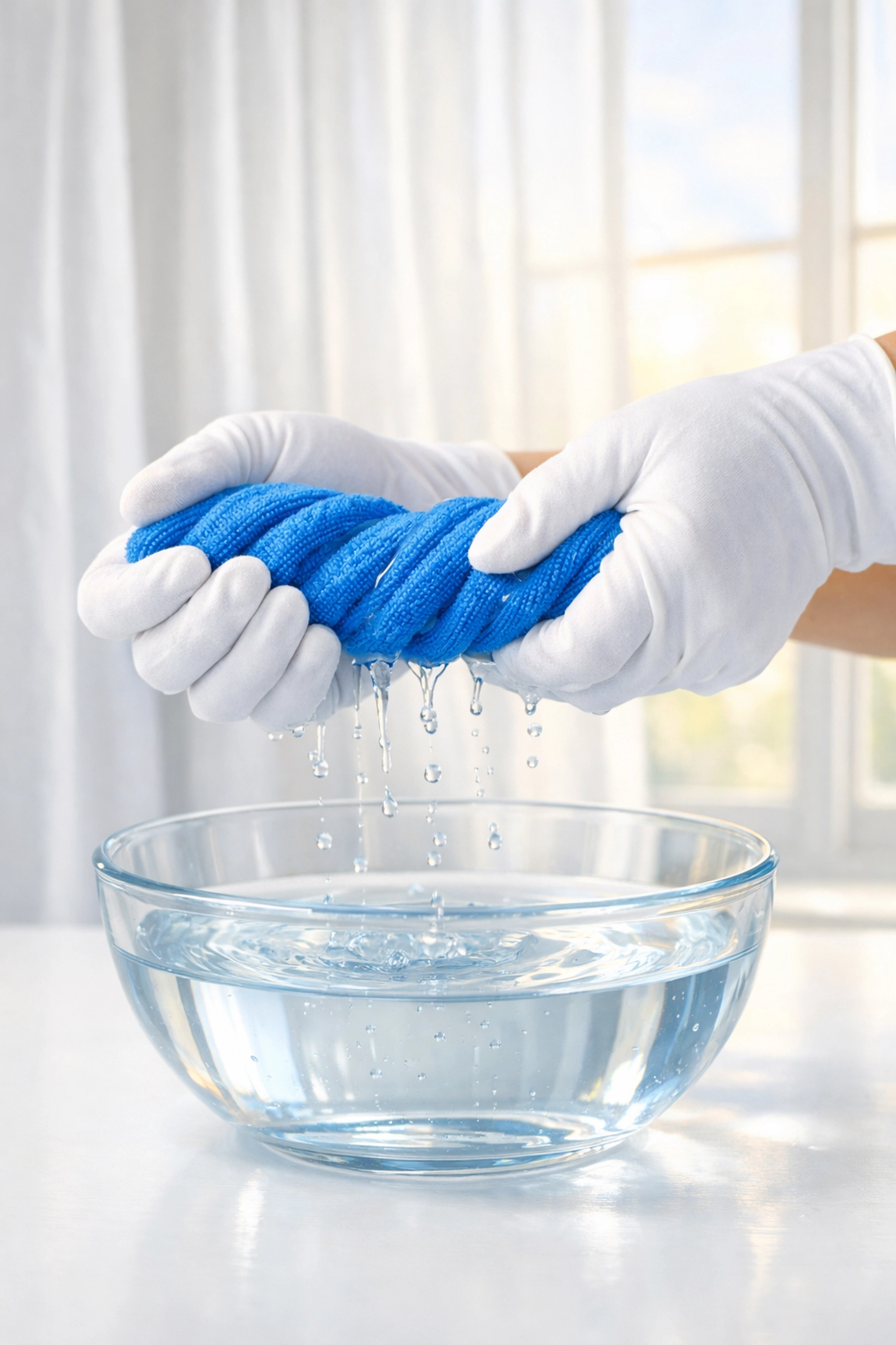 Damp microfiber cloth used for gentle curtain cleaning and removing sticky residue from fabric linings.