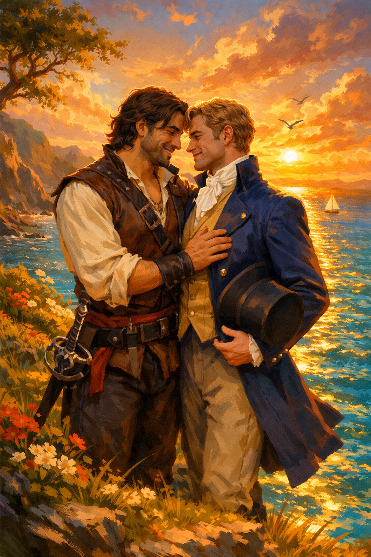 Romantic historical MM romance novels scene with two adventurers embracing on a sunlit cliffside.