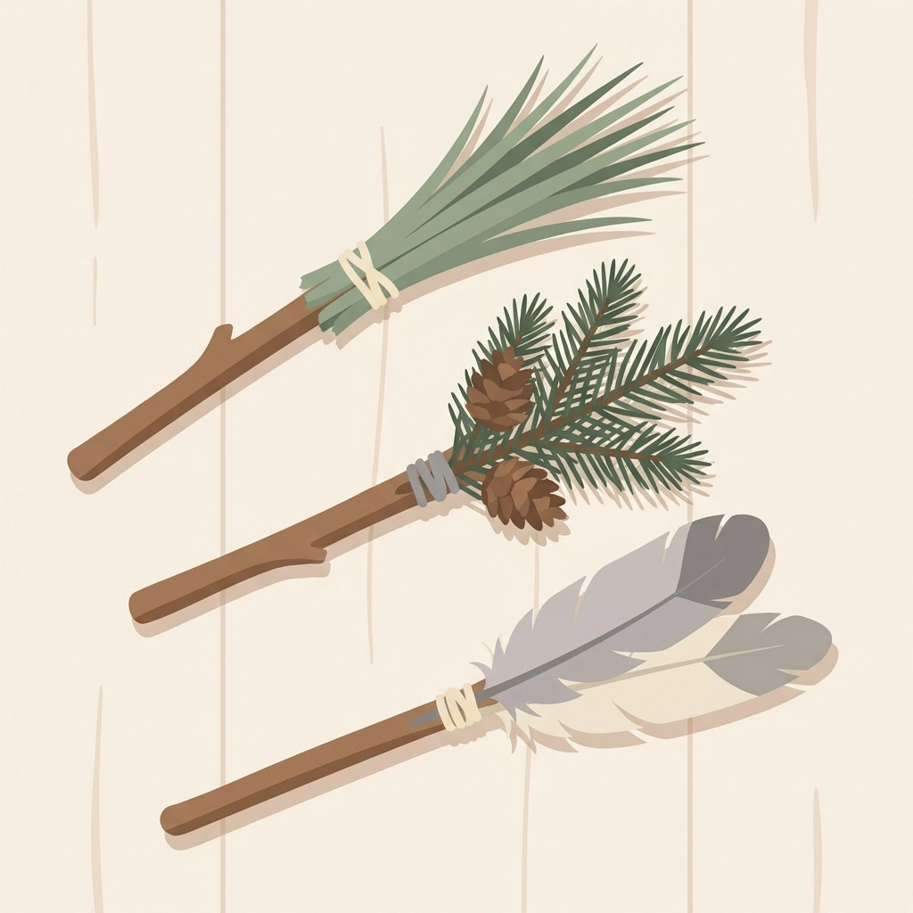 Three finished nature paint brushes with grass, evergreen, and feather bristles displayed on a table