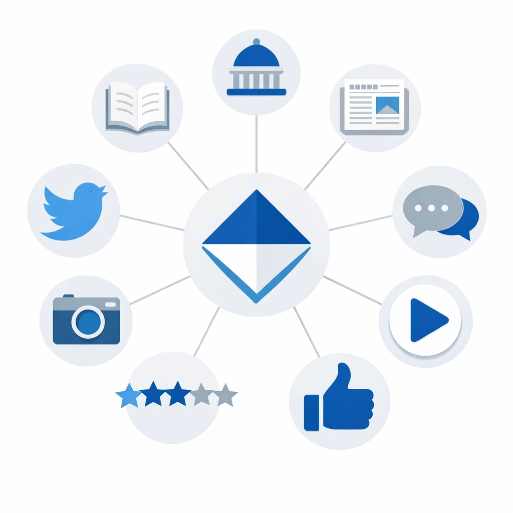 Brand surrounded by third-party platform network showing AI citation authority ecosystem