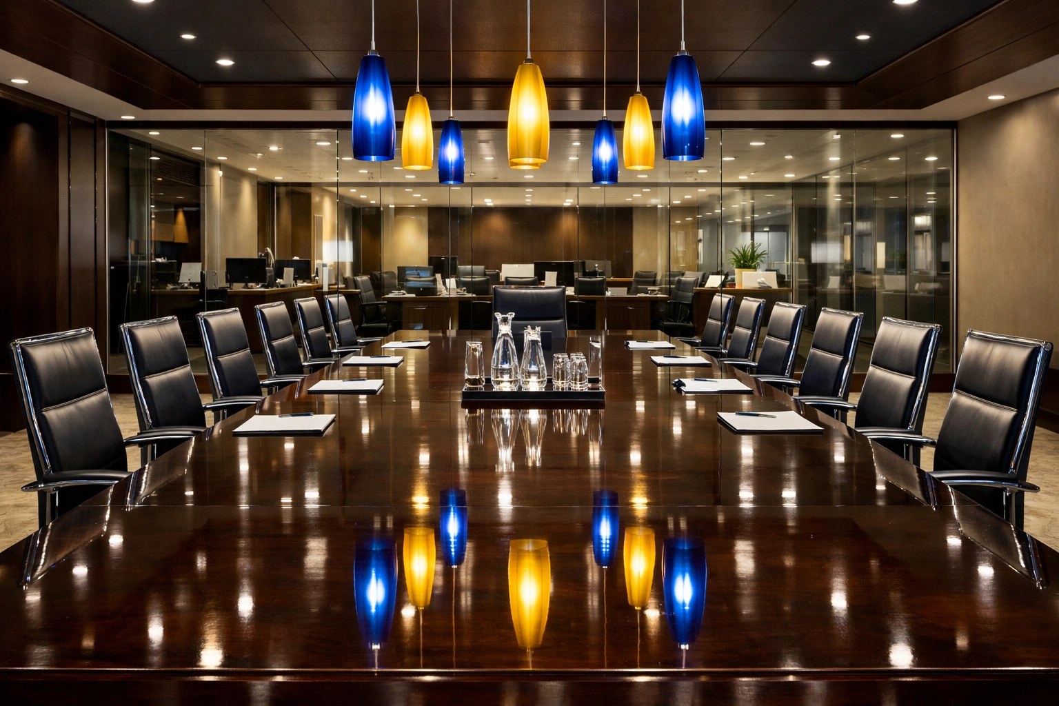 Spotless executive conference room featuring a polished mahogany table and clean glass partitions.