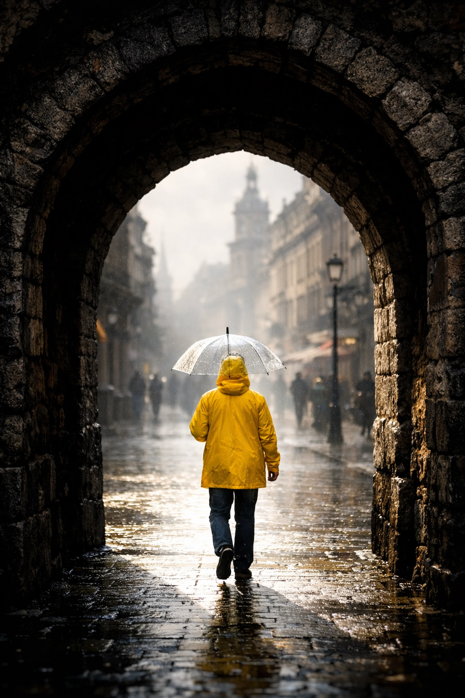 Creative street photography ideas using a stone archway to frame a subject in a city.
