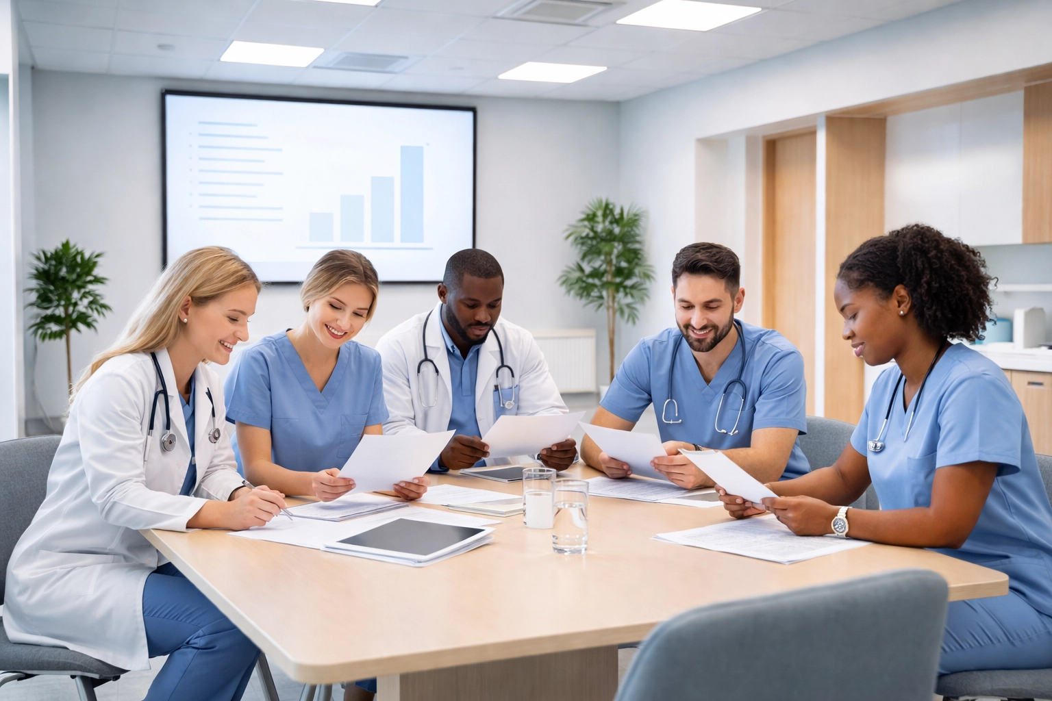 Medical staff in training room reviewing updated ASC policies together for AAAHC v44 compliance