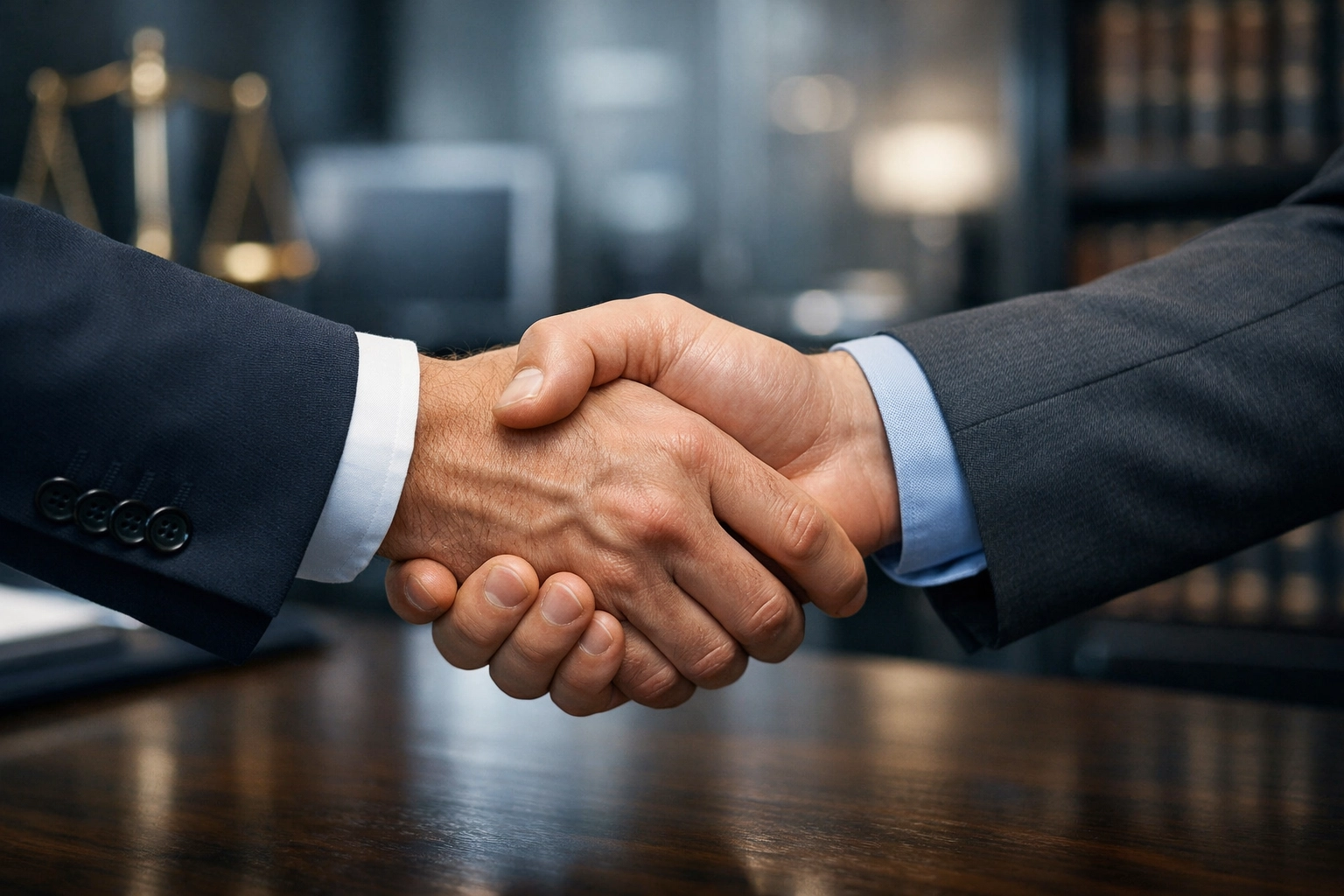 Closing the sale of a small business with a professional handshake in a North Carolina office.