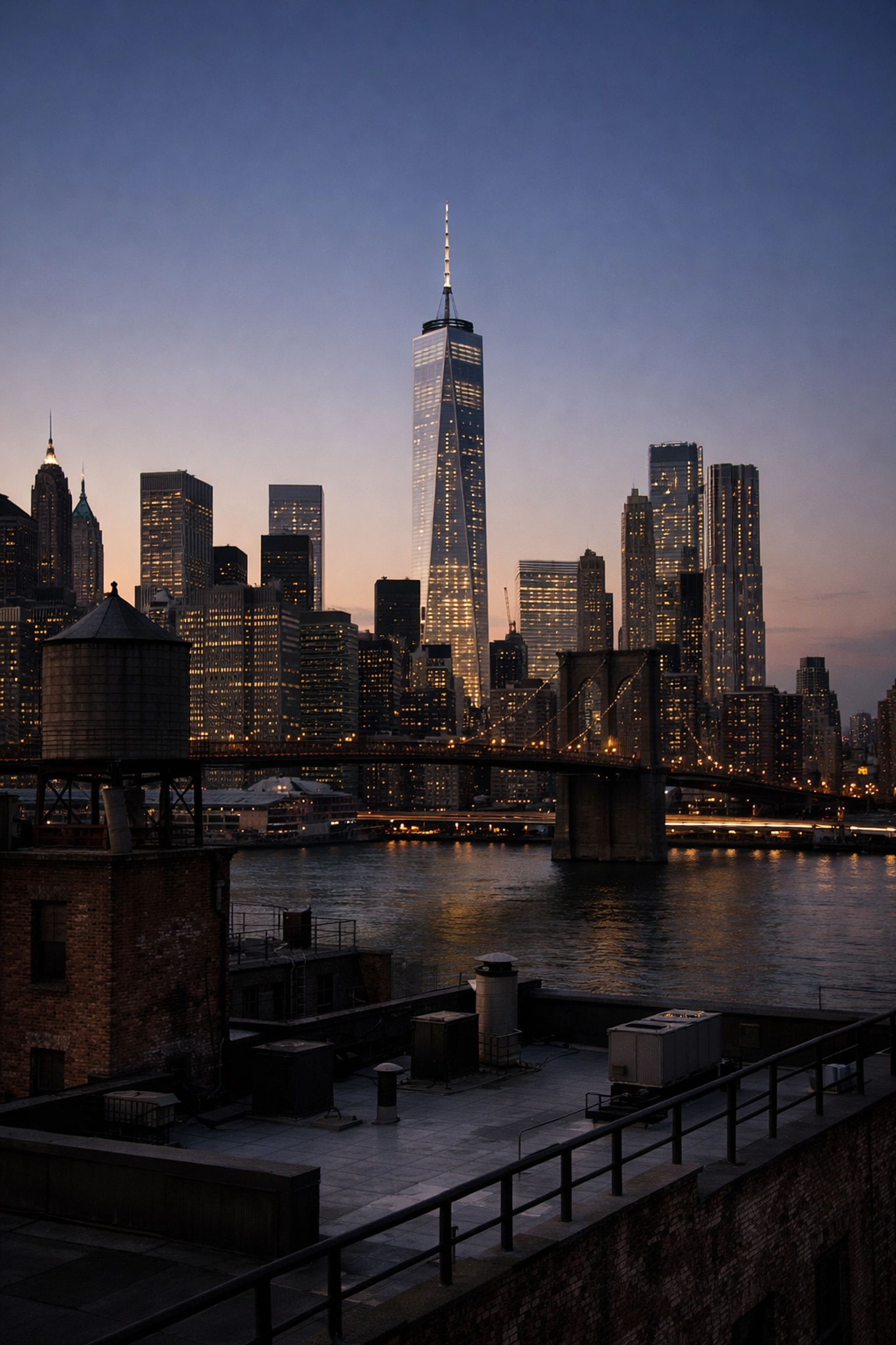 NYC skyline from DUMBO with One World Trade Center, sharp fine art photography at twilight