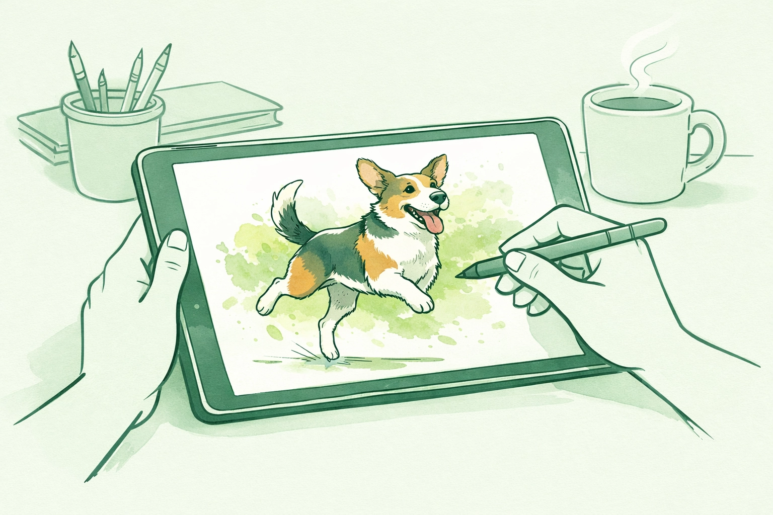Artist creating digital watercolor portrait of three-legged dog on tablet