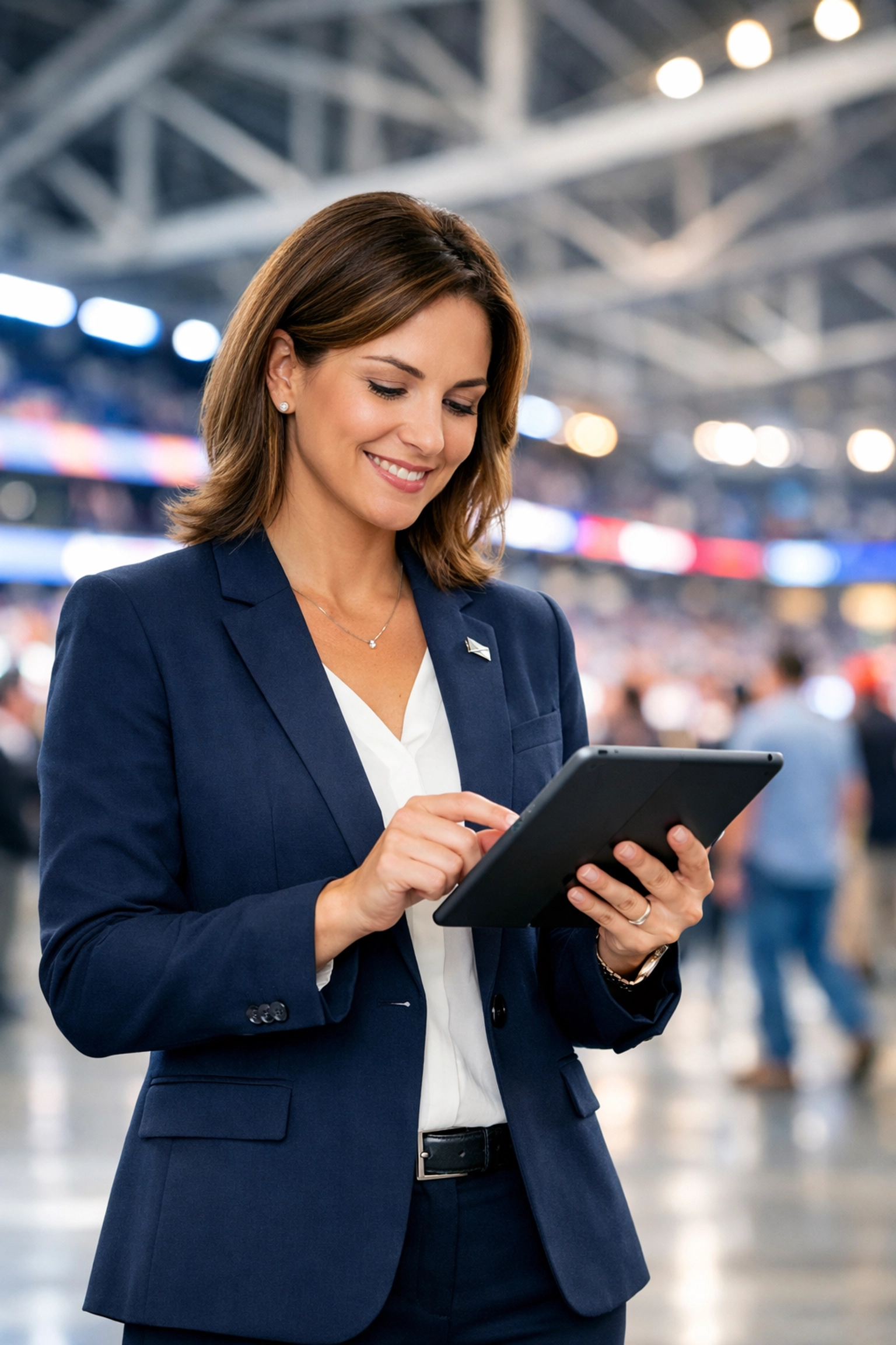 A professional brand ambassador using a tablet for real-time engagement at a major Super Bowl venue.