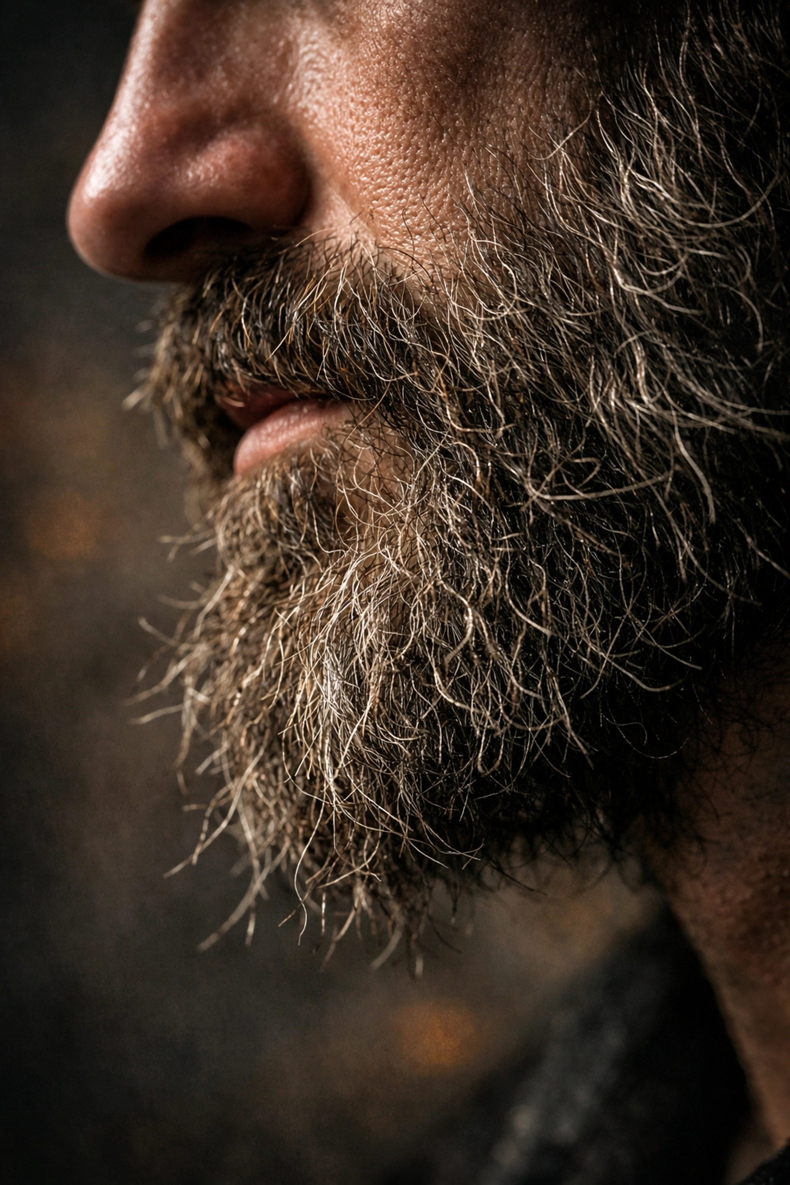 Close-up of a dry, wiry beard showing coarse texture and split ends before using beard butter.
