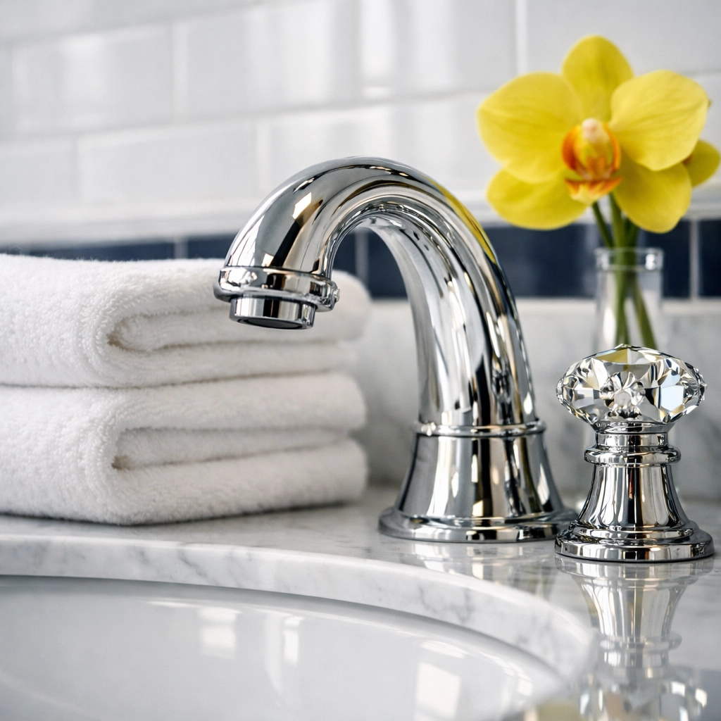 Elite bathroom cleaning details in a Boxford home featuring a polished chrome vanity.