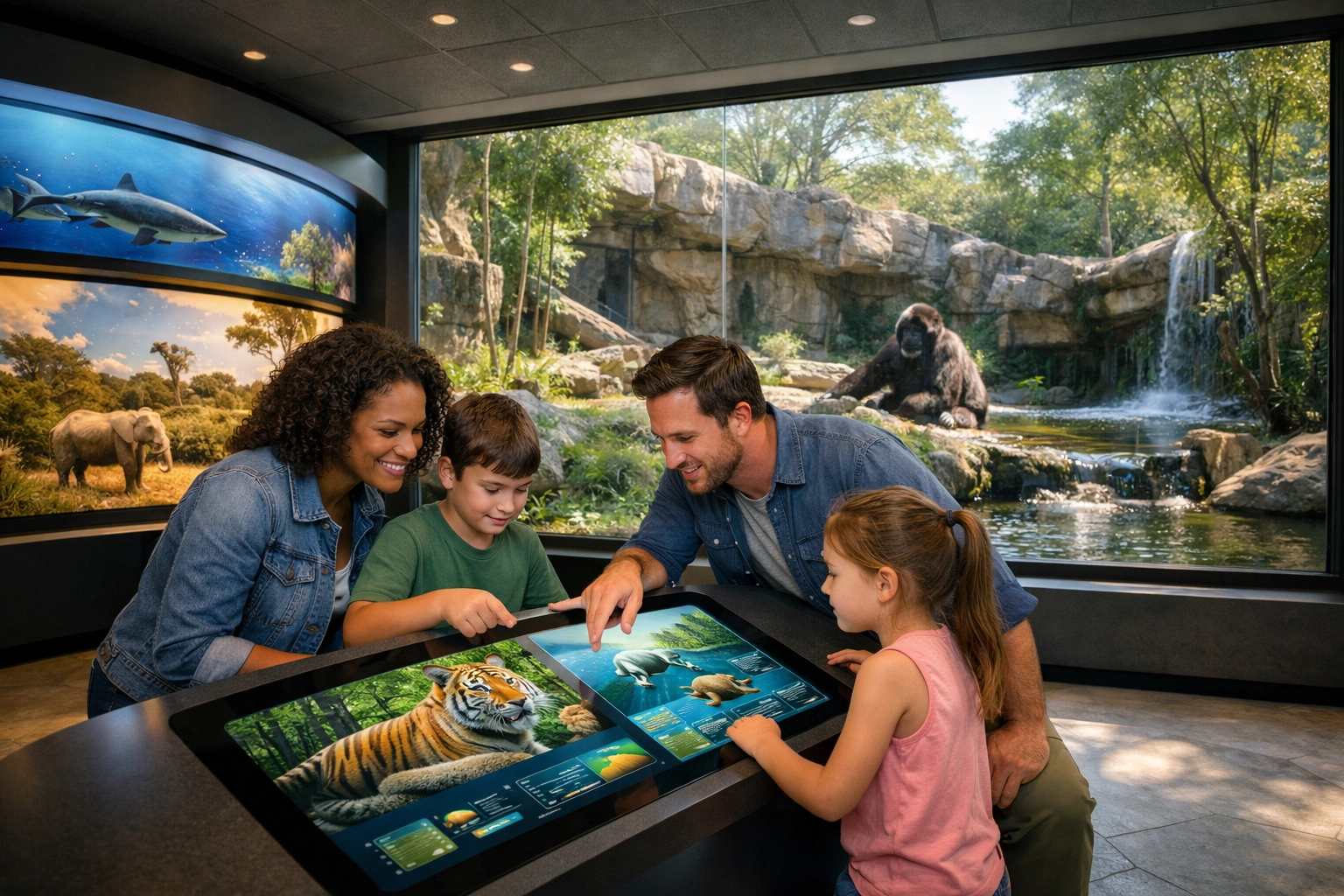 Family interacting with an interactive touch-screen media kiosk at a modern zoo exhibit for immersive guest engagement.