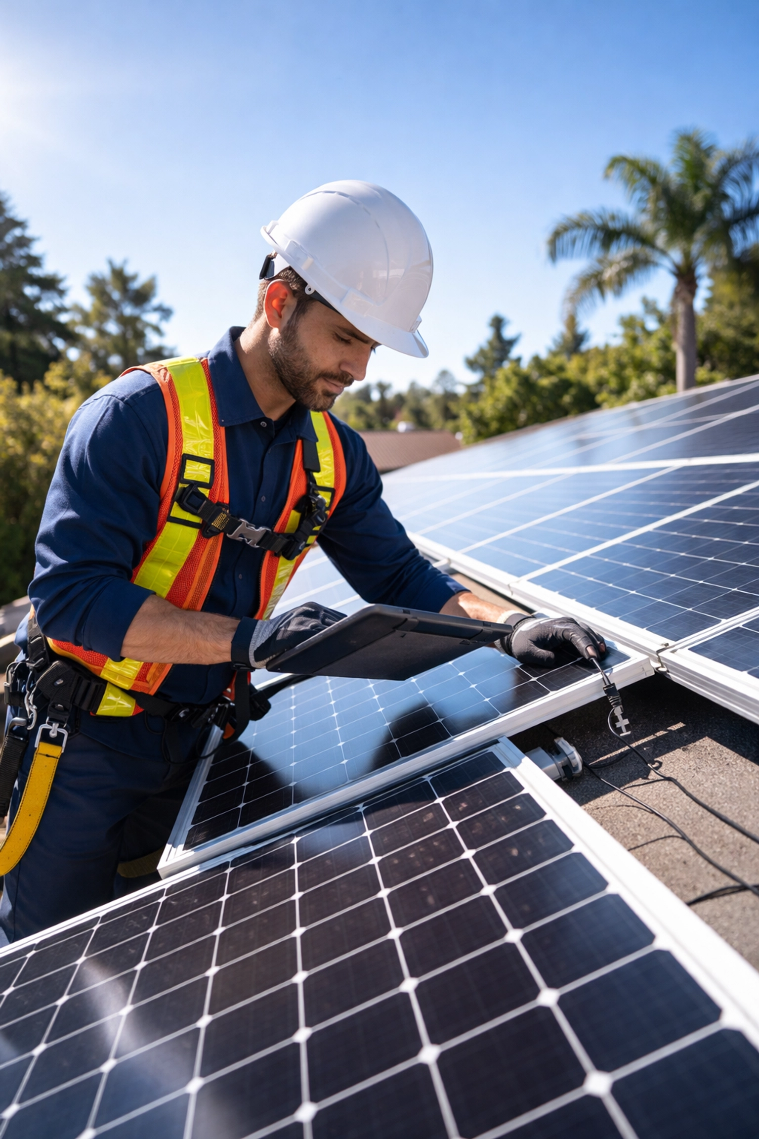 Solar technician inspecting residential solar panels in California to ensure safety and efficiency