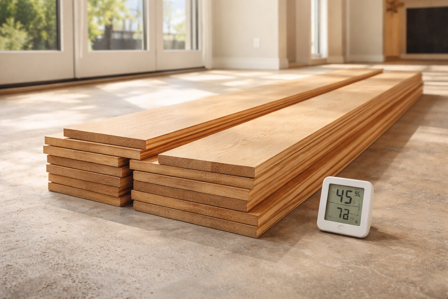 Wide plank white oak hardwood flooring acclimating in a Chicago home, highlighting proper installation and humidity control.