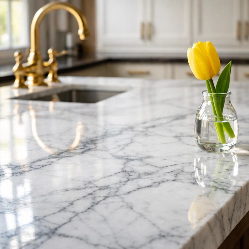 Spotless Carrara marble kitchen island in a Hingham home maintained by eco-friendly luxury cleaning.