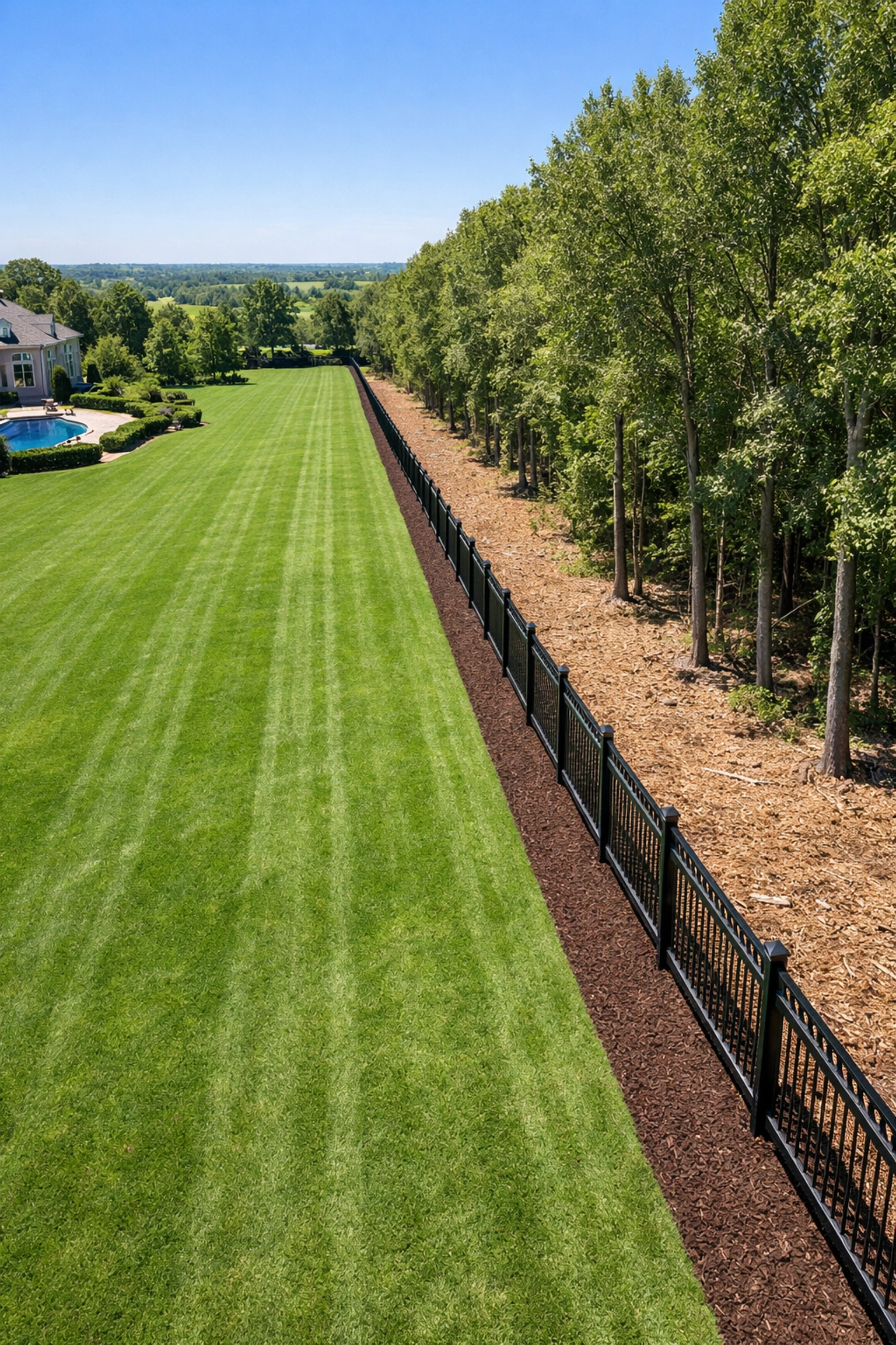 Professionally cleared property line in Clarkston MI featuring a clean fence and manicured landscape.