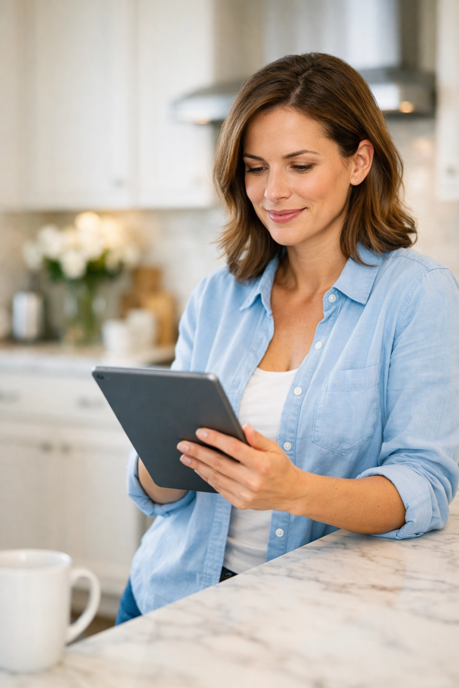 Woman using a tablet in her kitchen to apply for a fast emergency loan in Calgary.