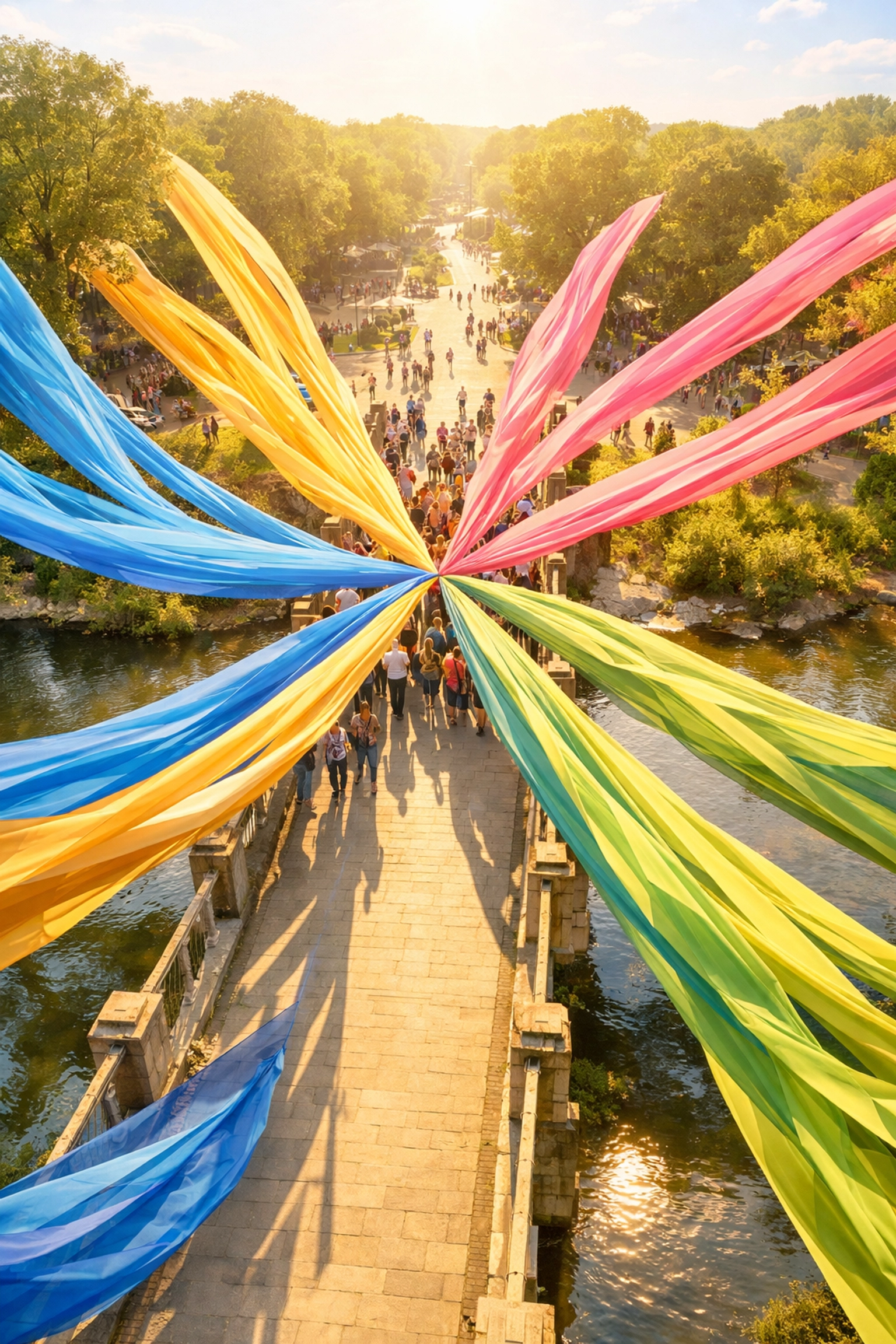 Colorful ribbons converging on bridge symbolizing nonprofit partnership collaboration