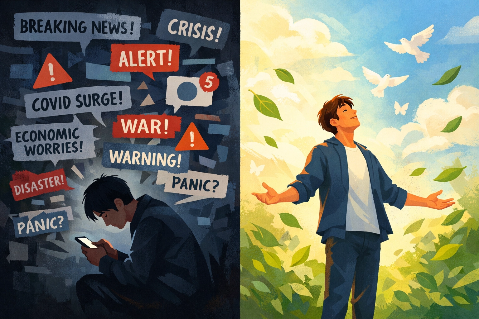 Contrast between news anxiety and peace: person hunched over phone versus standing in calm light