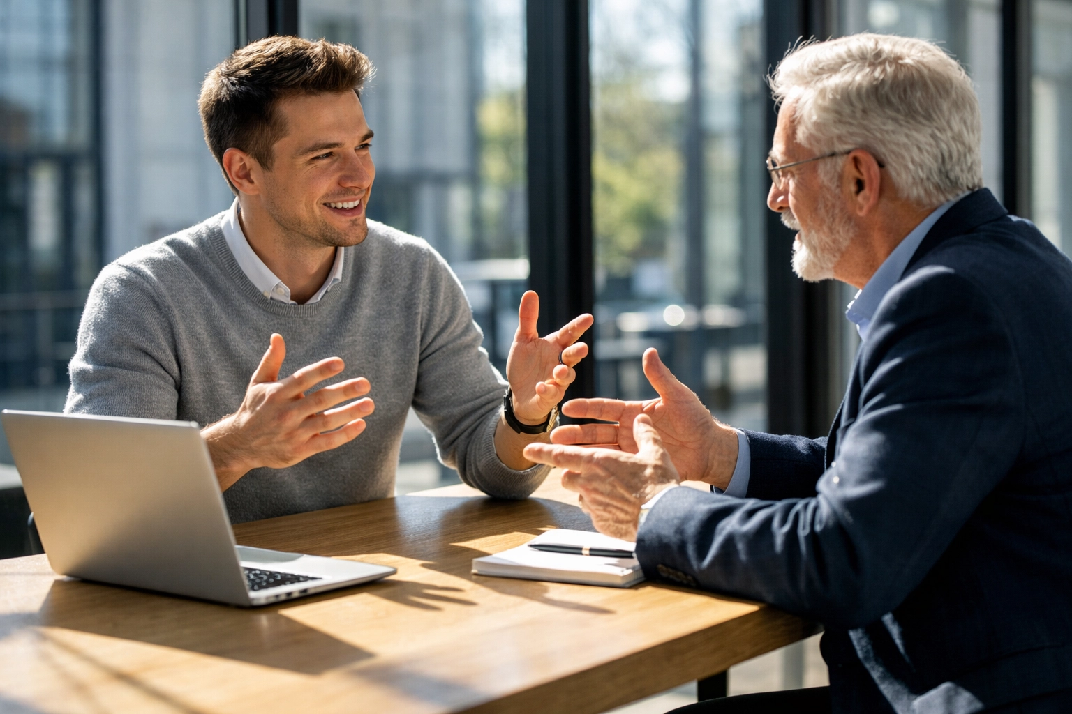 Senior mentor teaching soft skills and communication to a young tech professional in a modern office setting.