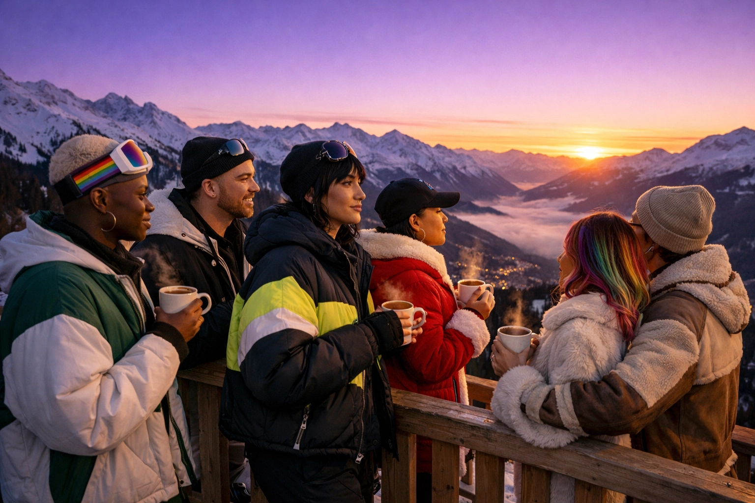 Diverse LGBTQ+ friends, including trans and non-binary travelers, enjoying a sunset at a Swiss mountain ski resort.