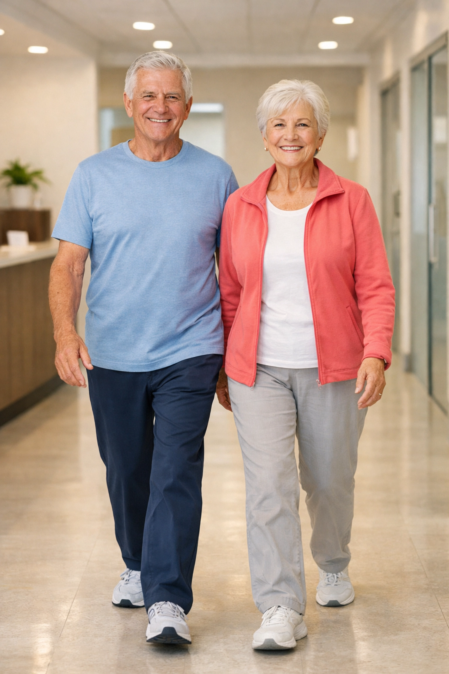 Seniors walking confidently with stable balance, showing the goal of peripheral neuropathy treatment at a clinic.