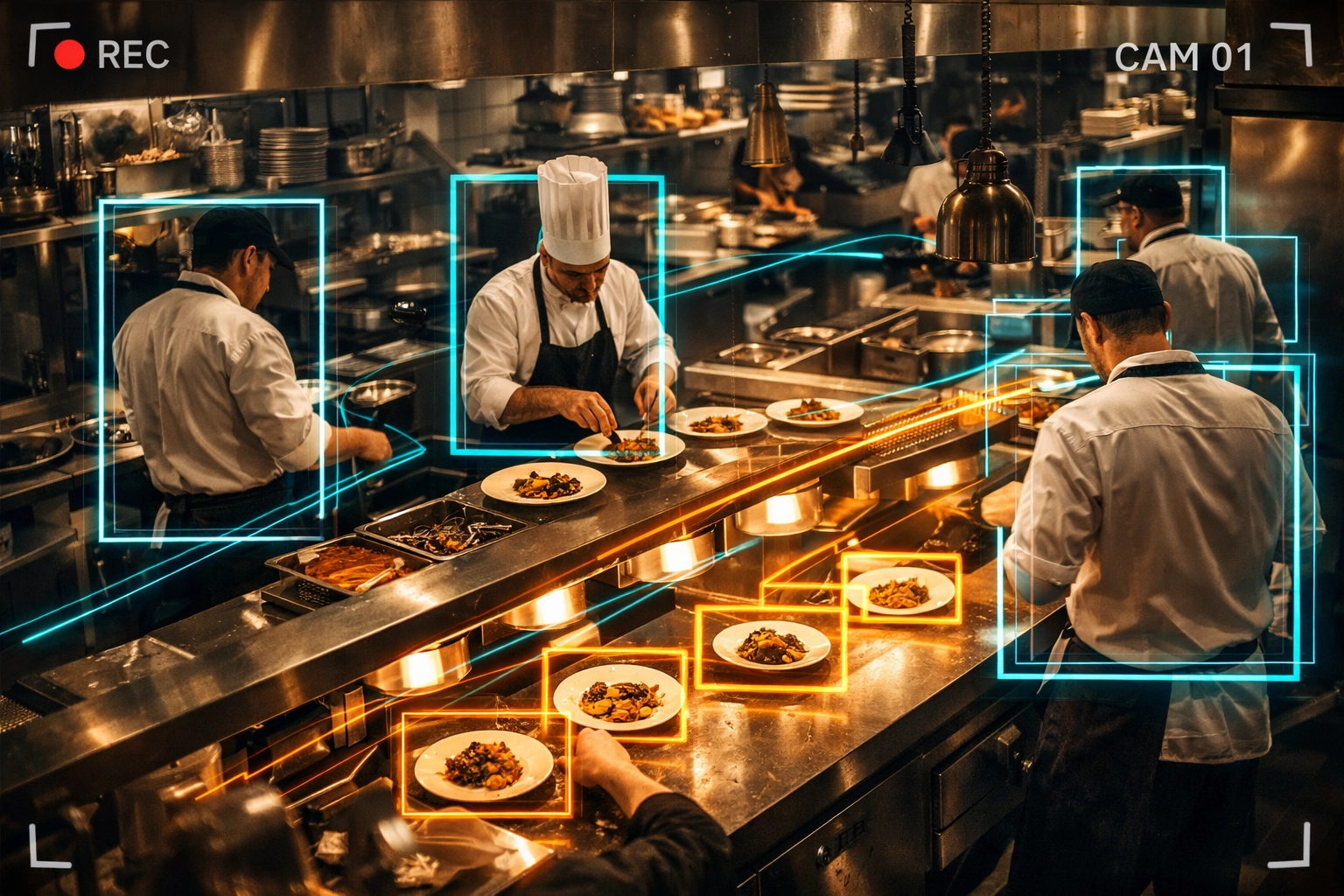 AI-powered restaurant video analytics tracking staff workflow and food preparation in a professional kitchen.