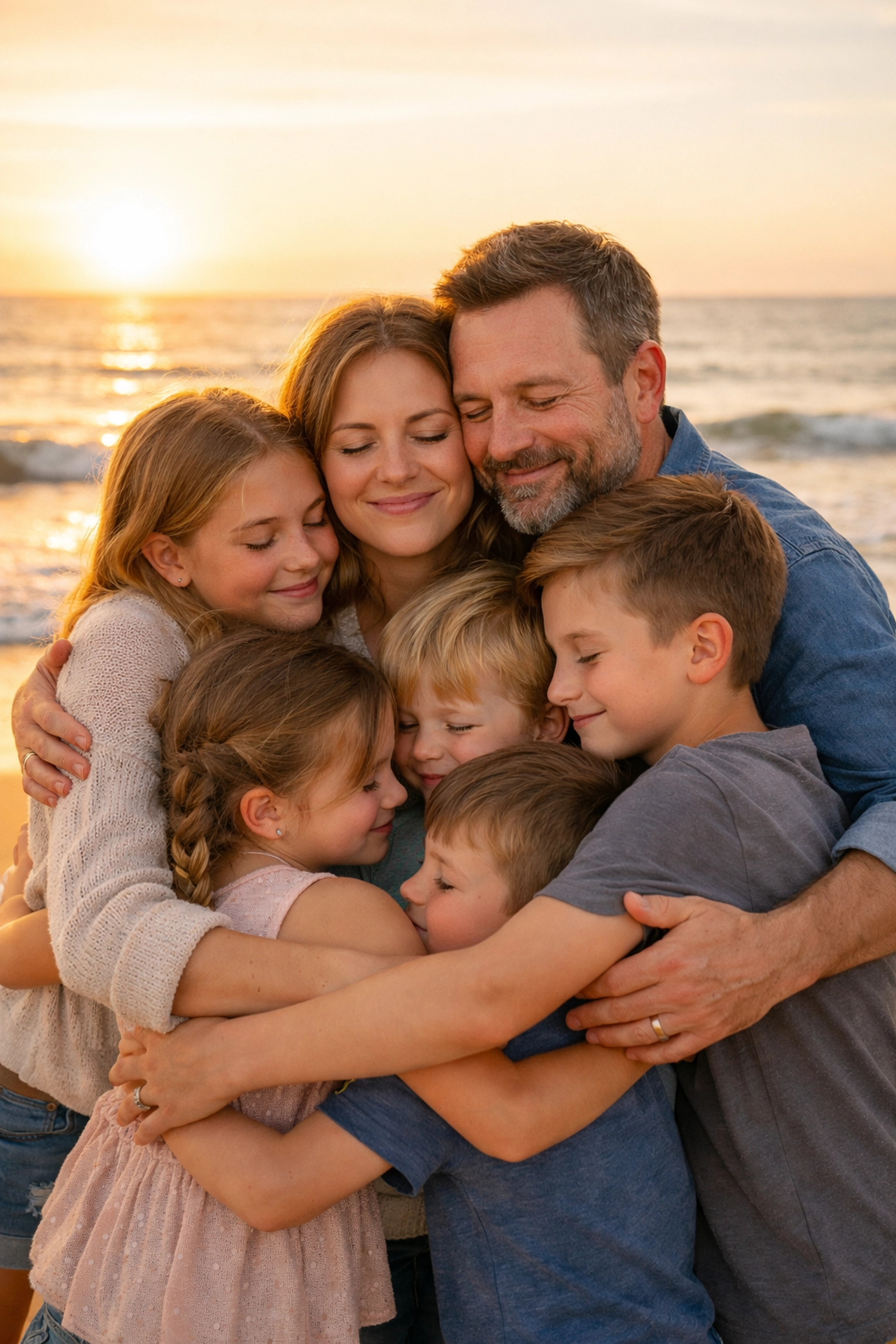 A family hugging on a beach at sunset, believing that God can fix it and restore hope in times of stress.