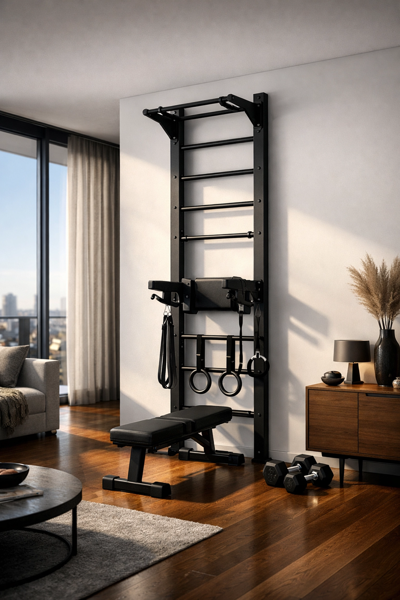 Floor to ceiling gym rail for full body workout at home with no wall damage workout system.