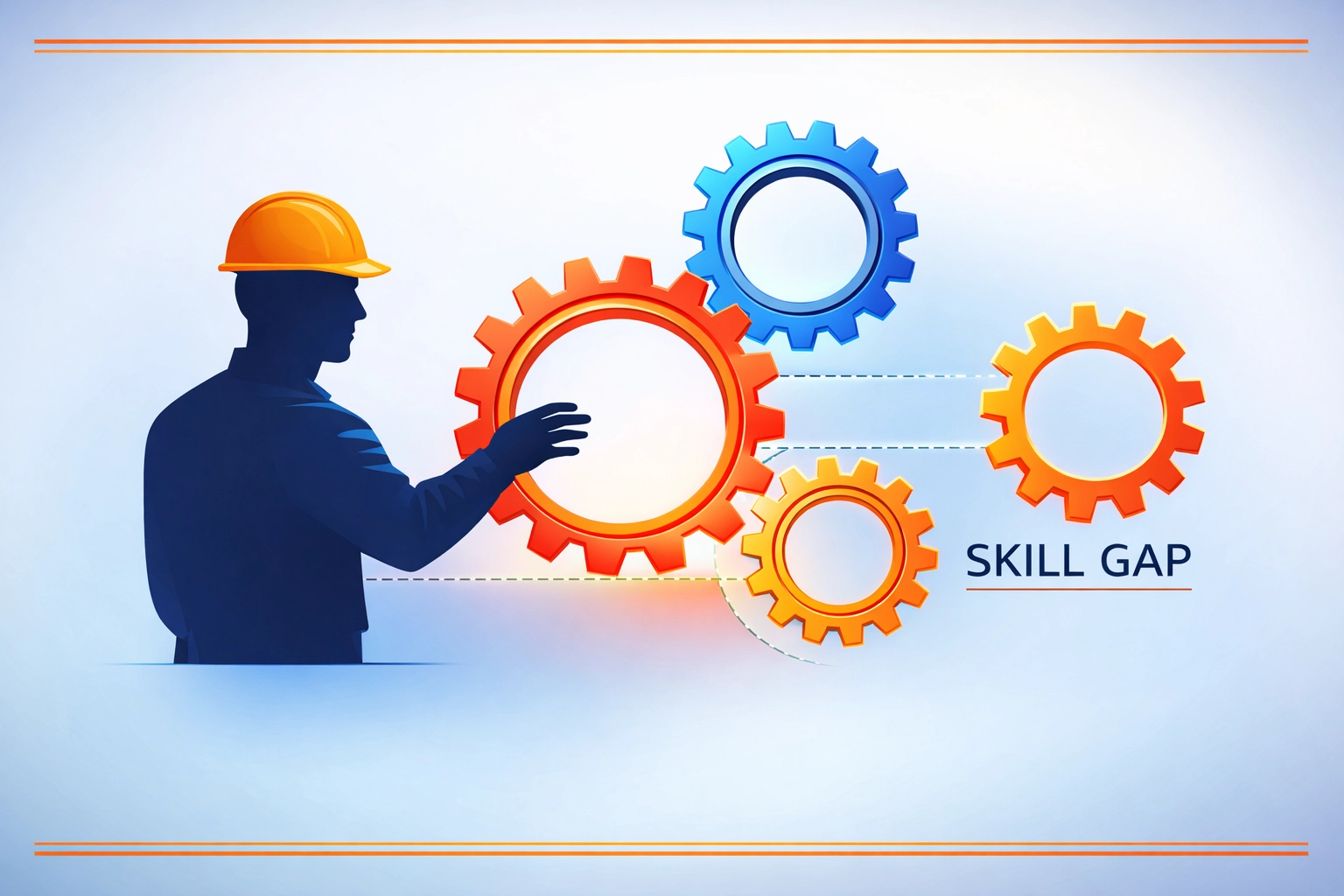 Technical line art of gears and a human silhouette illustrating the labor skill gap in essential trades.