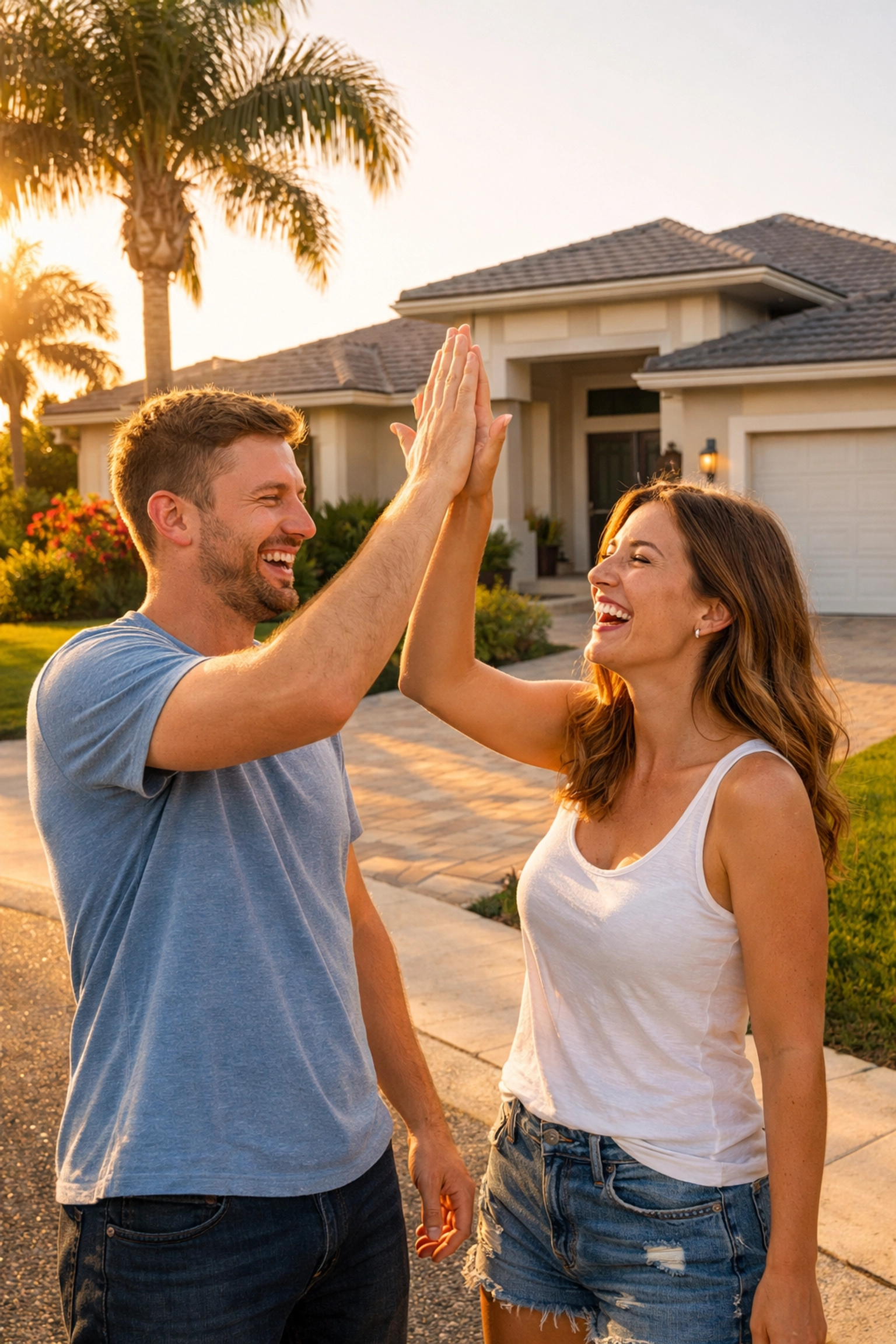 Happy couple celebrating a home purchase in front of a modern Cape Coral house.