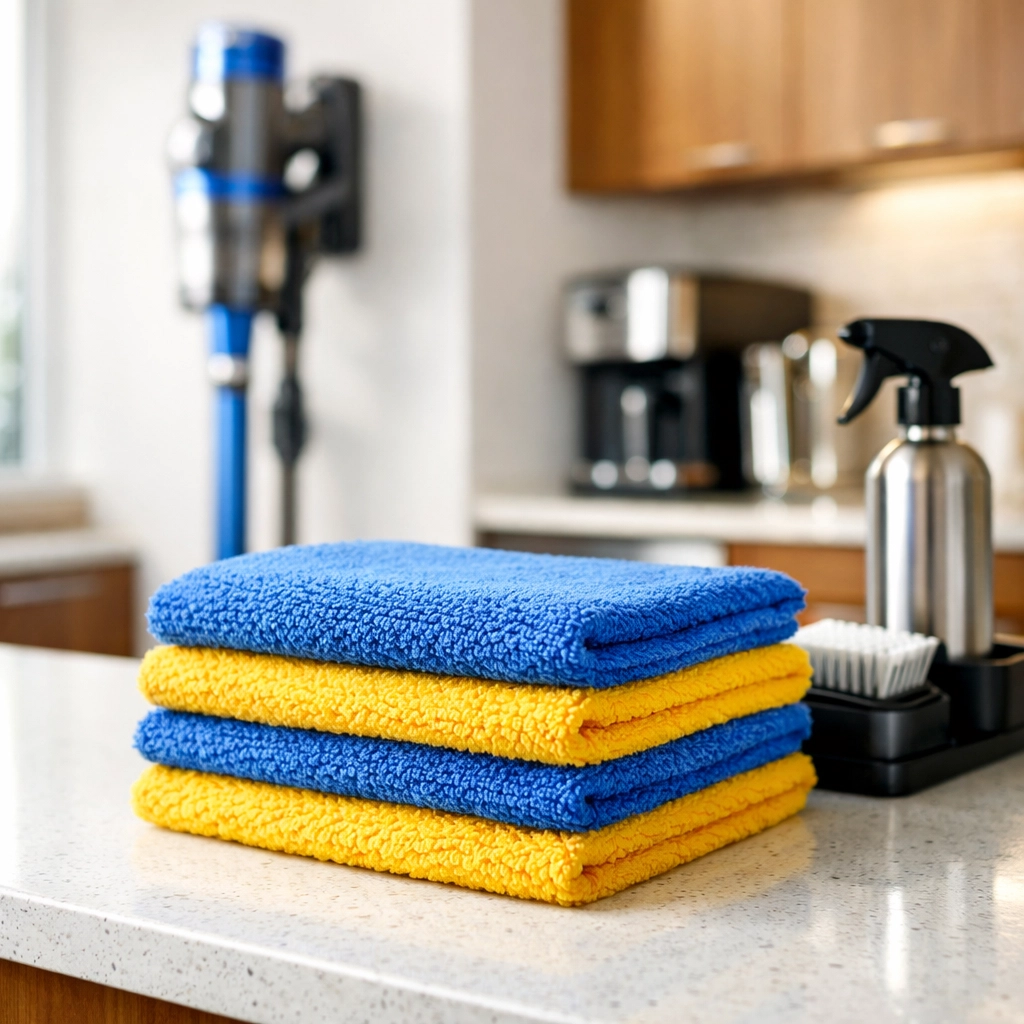 Professional blue and yellow microfiber cloths used for janitorial services Massachusetts breakroom cleaning.