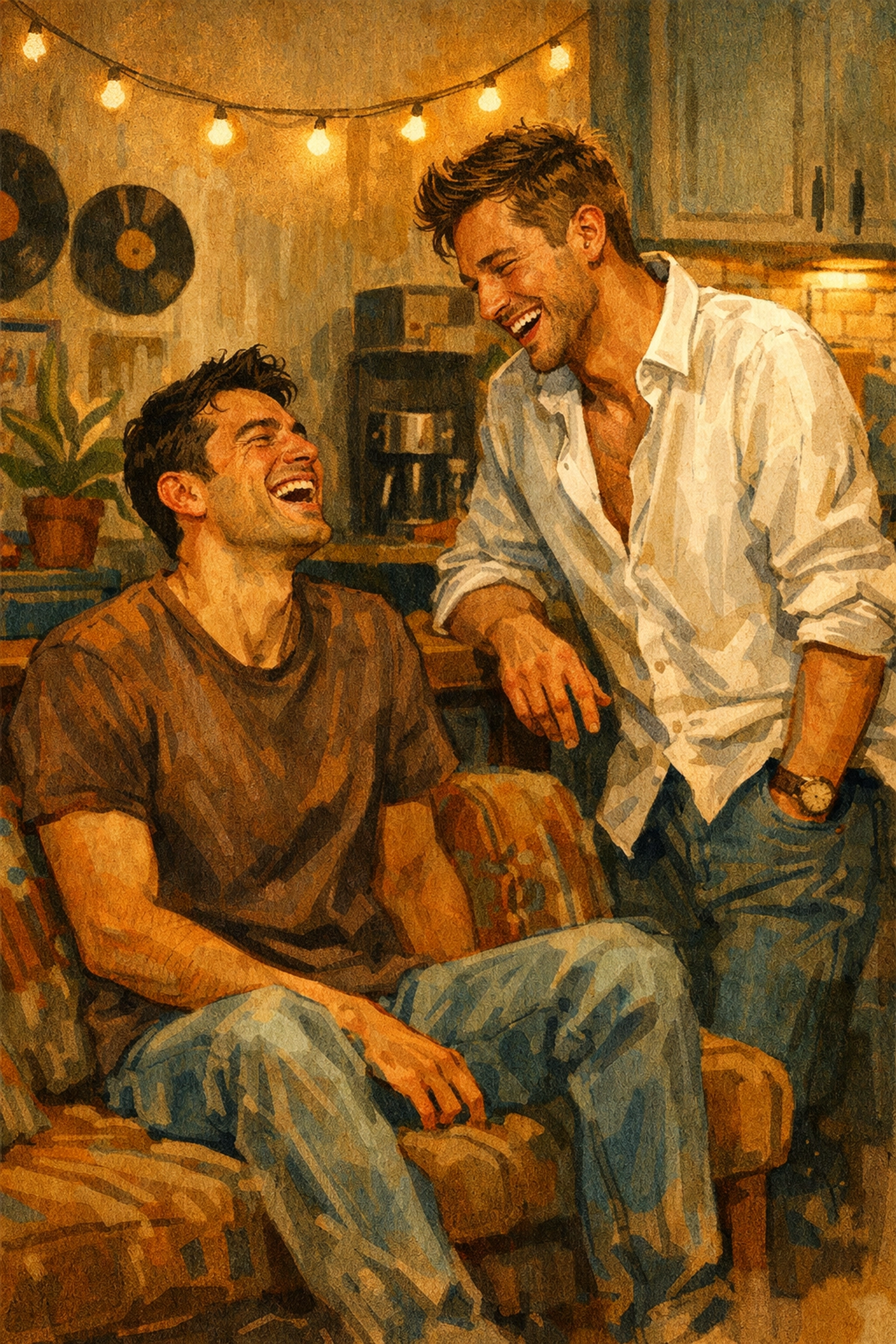 Two men sharing authentic moment in modest apartment illustrating MM contemporary romance connection